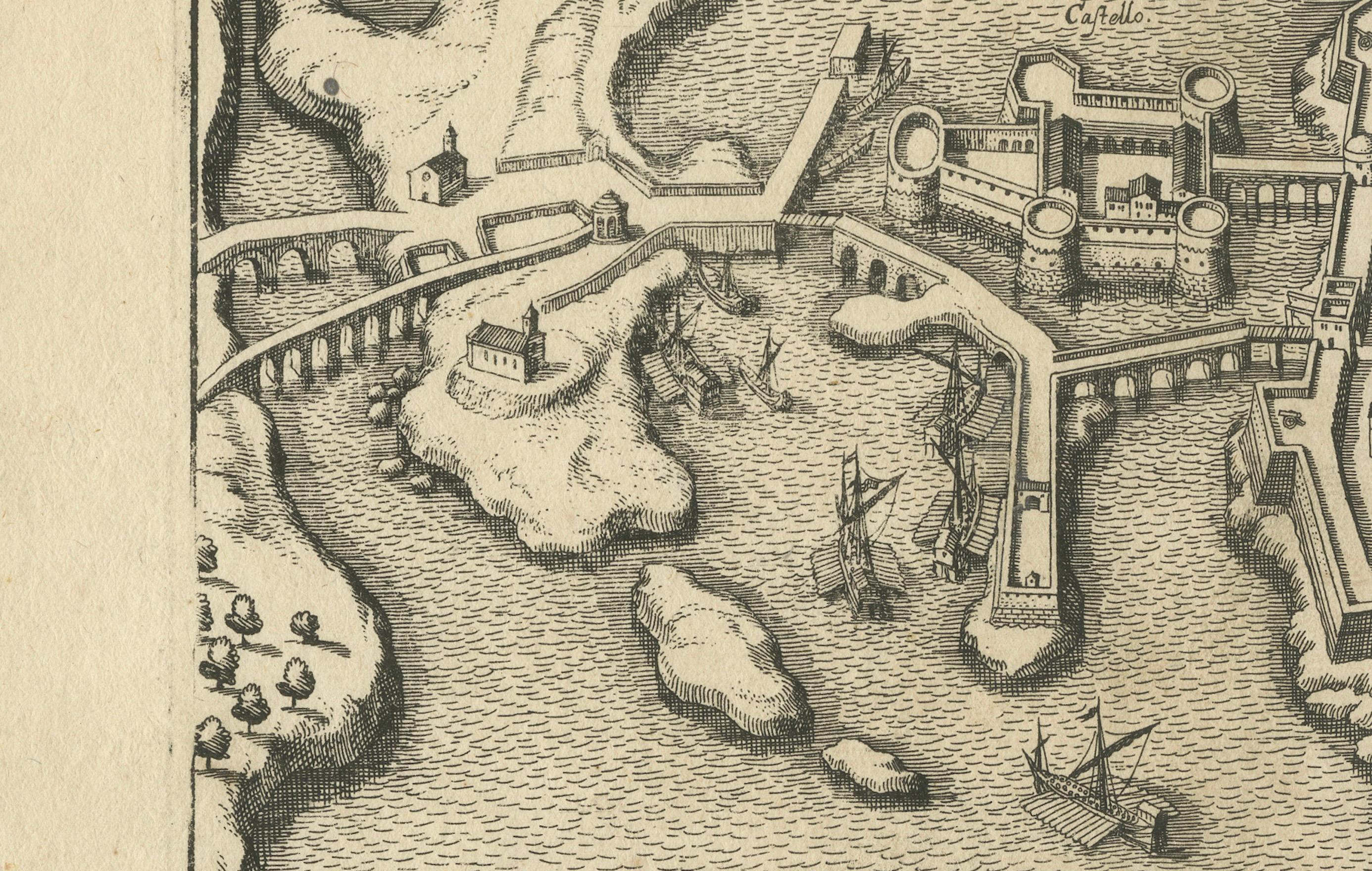 Gravé Carte de Gallipoli vue à vol d'oiseau : Gemme ionienne fortifiée par Mattheus Merian, 1688 en vente