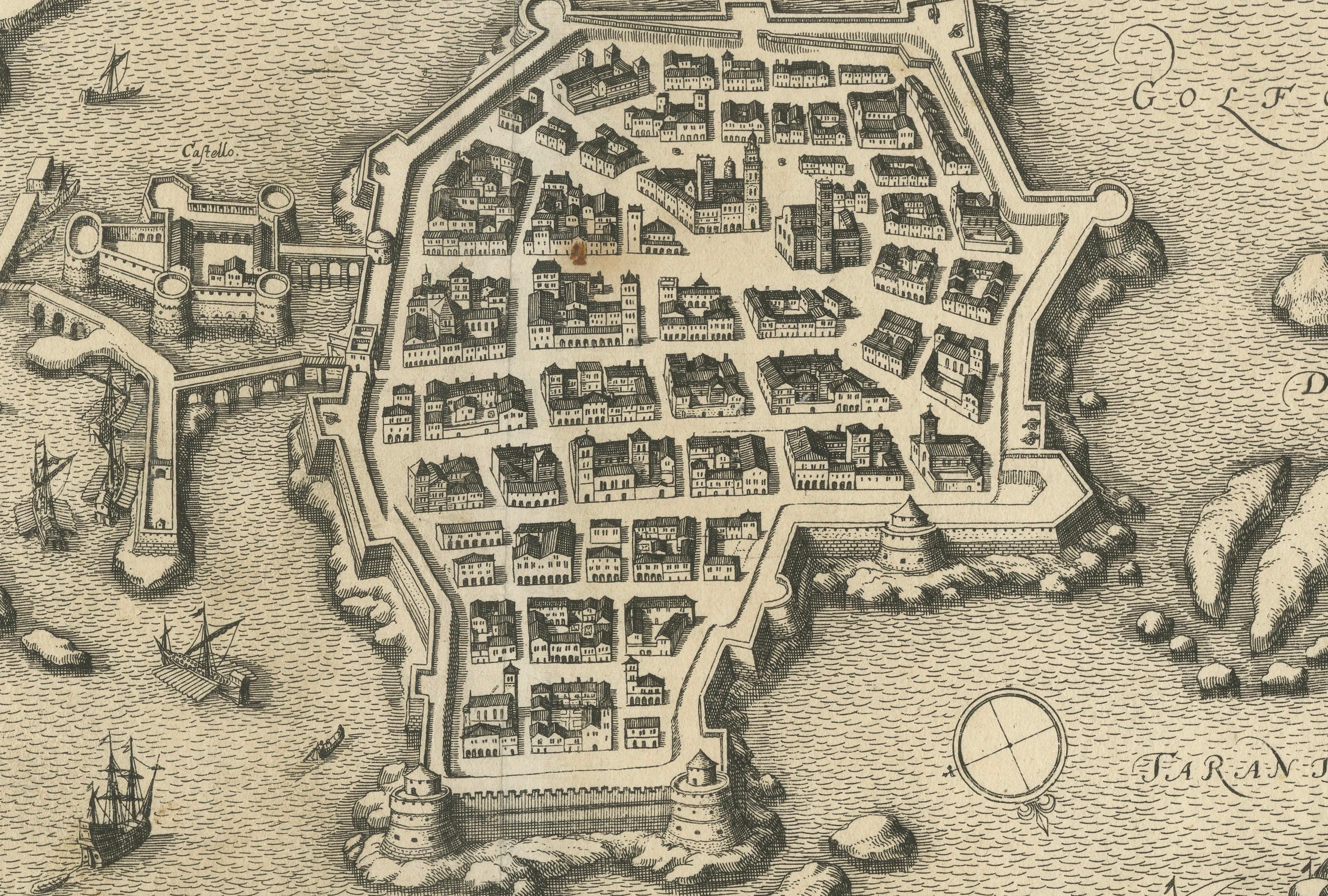 Papier Carte de Gallipoli vue à vol d'oiseau : Gemme ionienne fortifiée par Mattheus Merian, 1688 en vente