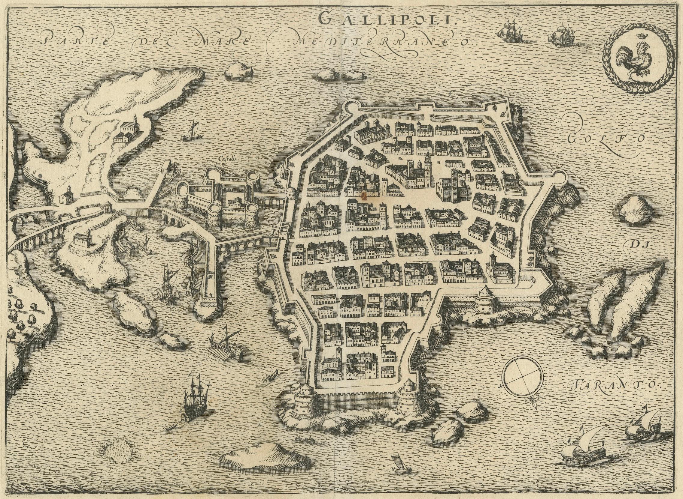 Carte de Gallipoli vue à vol d'oiseau : Gemme ionienne fortifiée par Mattheus Merian, 1688 en vente 1