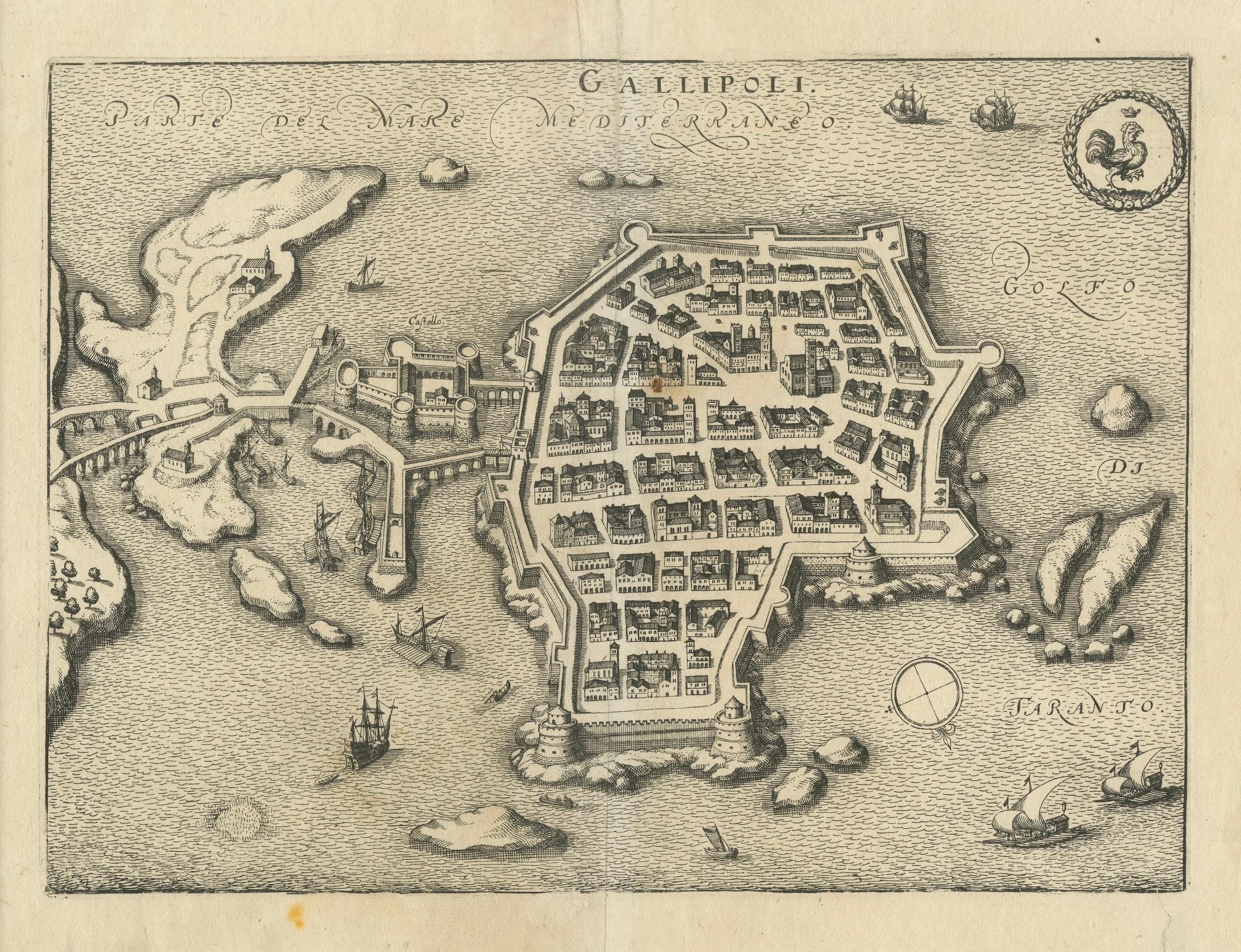 Carte de Gallipoli vue à vol d'oiseau : Gemme ionienne fortifiée par Mattheus Merian, 1688 en vente 2