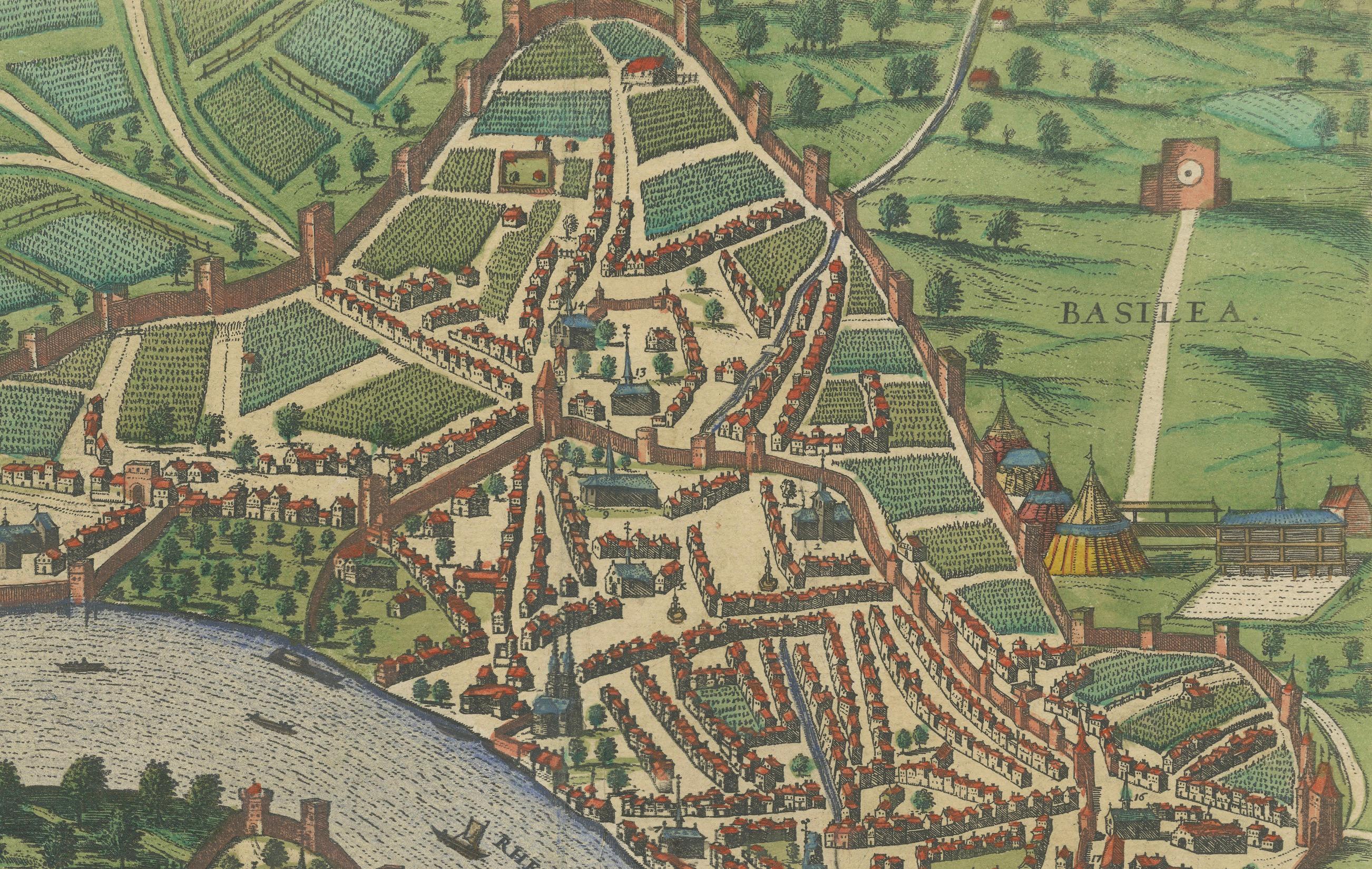 Vista aérea de Basilea en Civitates Orbis Terrarum de Braun y Hogenberg, 1575 Grabado en venta