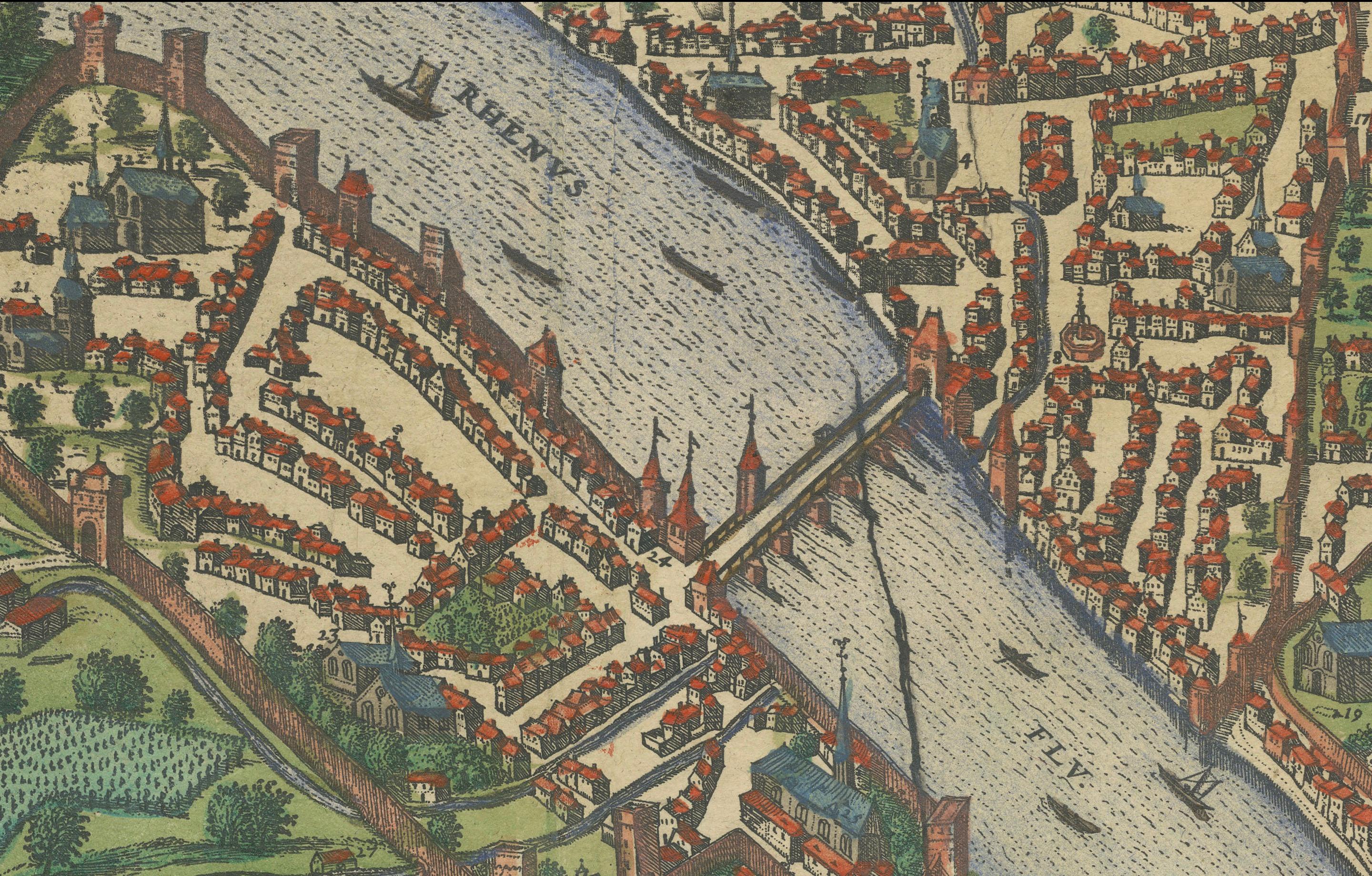 Vista aérea de Basilea en Civitates Orbis Terrarum de Braun y Hogenberg, 1575 siglo XVIII y antes en venta