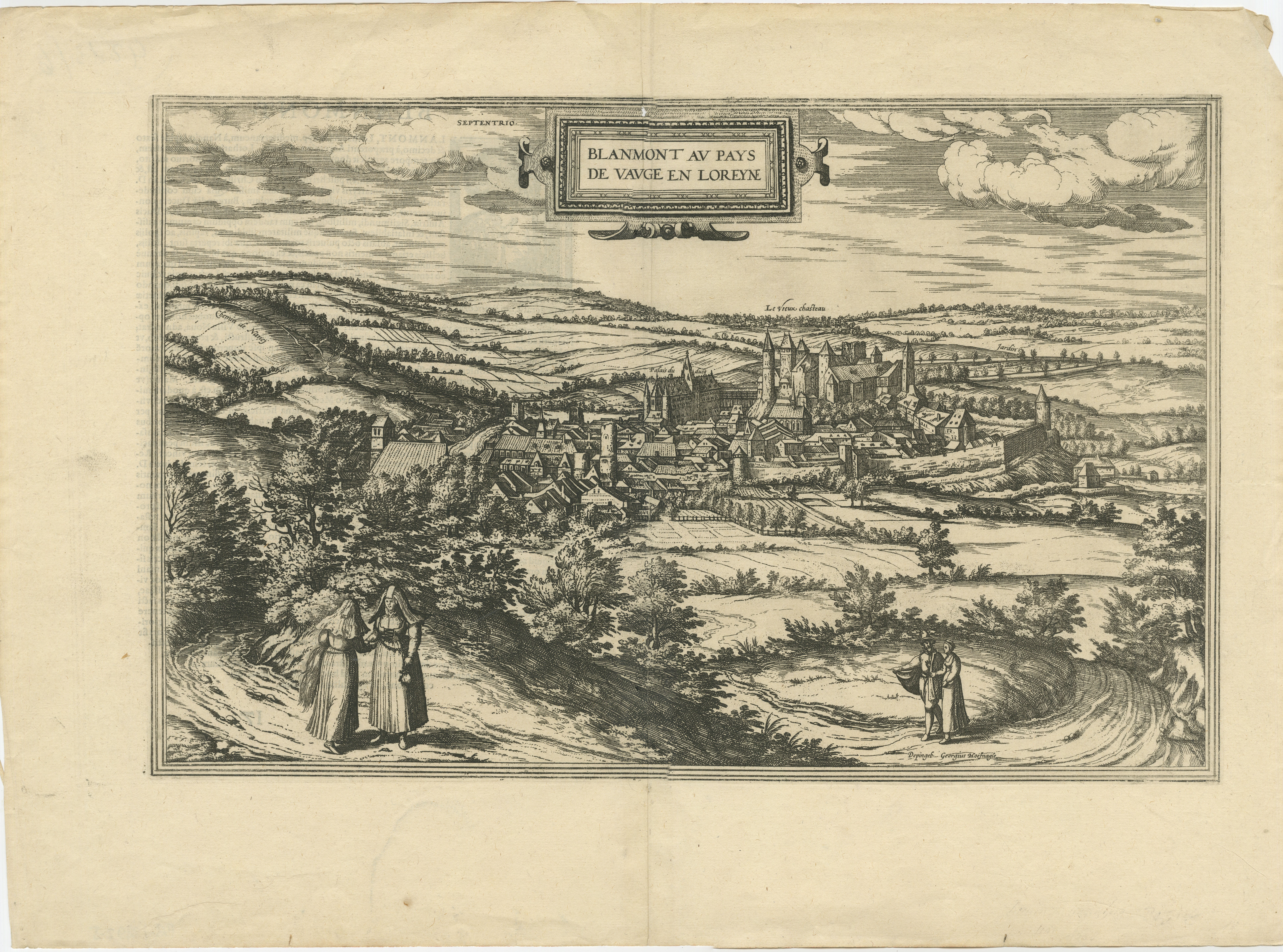 Titre : Vue à vol d'oiseau de Blâmont en Lorraine par Braun et Hogenberg, 1597  

Cette gravure sur cuivre, publiée en 1597 par Braun et Hogenberg, représente une vue à vol d'oiseau de la ville de Townes en Lorraine, connue sous le nom de 