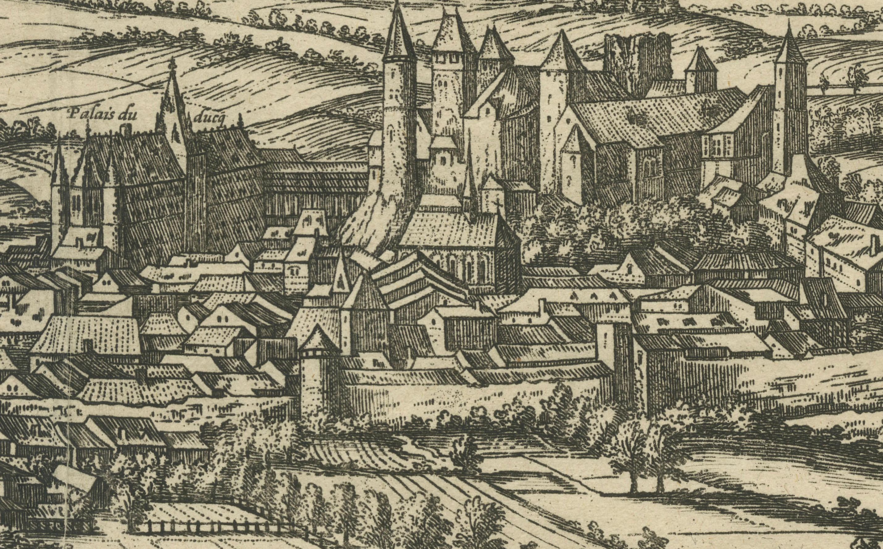 Gravé Vue à vol d'oiseau de Blâmont en Lorraine par Braun et Hogenberg, 1597 en vente