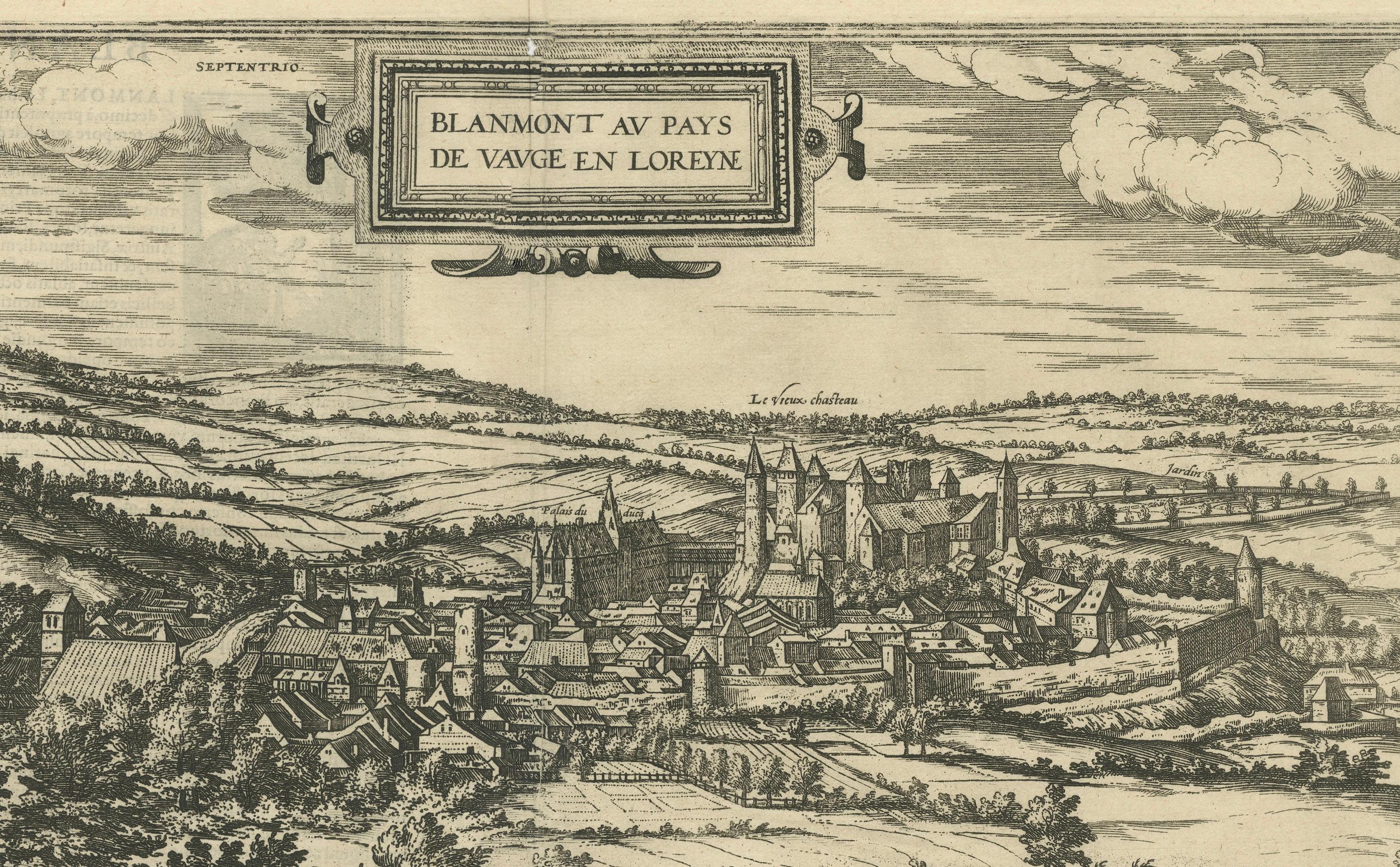 Papier Vue à vol d'oiseau de Blâmont en Lorraine par Braun et Hogenberg, 1597 en vente