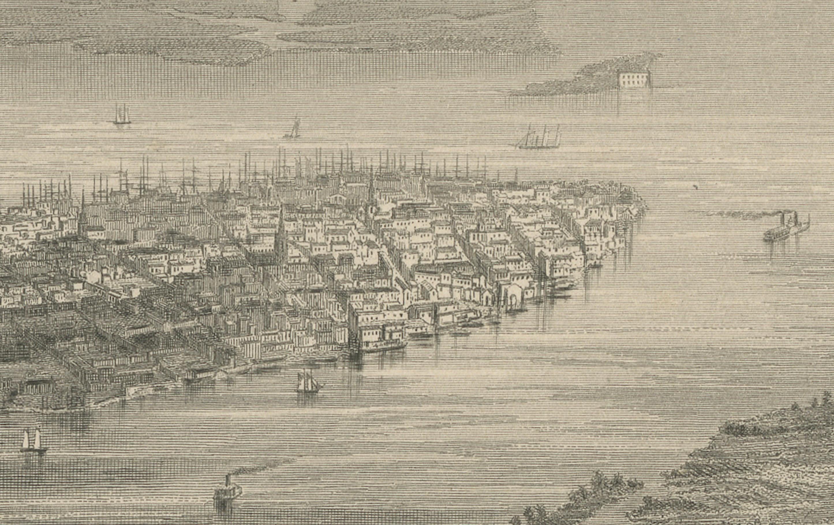 Bird’s-Eye View of Charleston, South Carolina – Panoramic City Engraving, 19th C