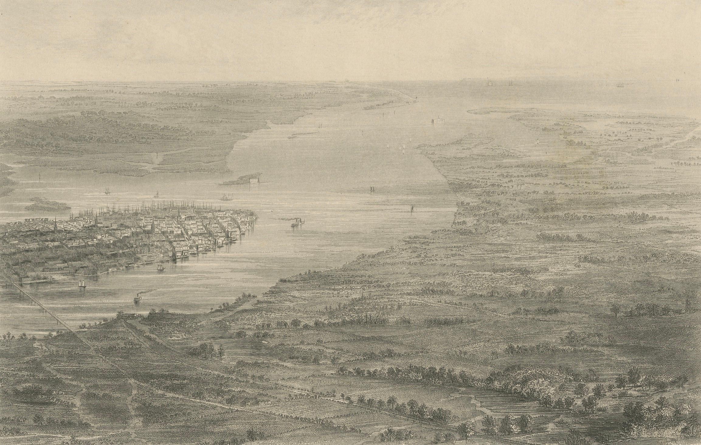 Bird’s-Eye View of Charleston, South Carolina – Panoramic City Engraving, 19th C