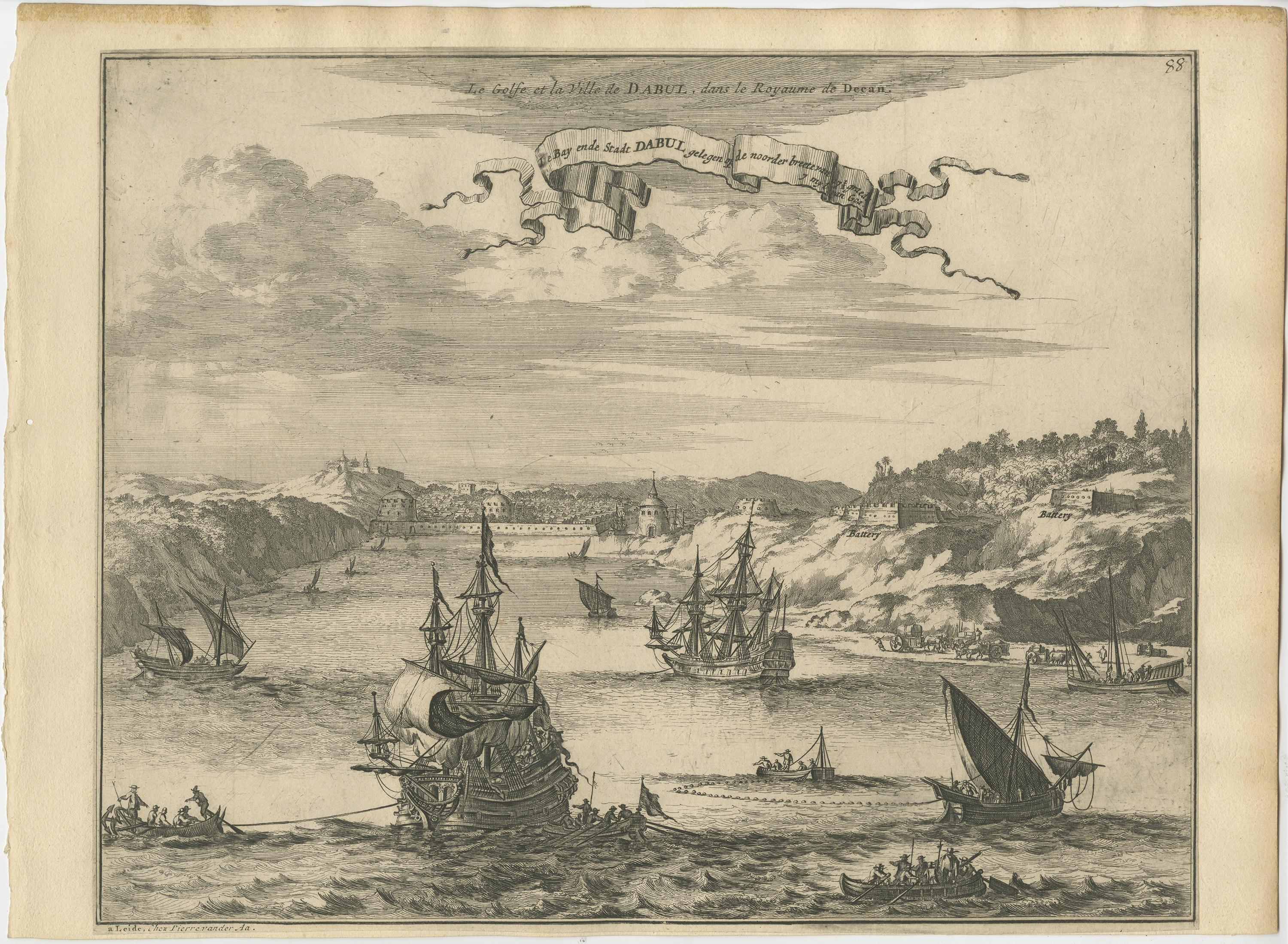 Antique print titled 'De Bay ende Stadt Dabul'. 

Bird's eye view of Dabhol as seen from the sea. The city is situated on the Vashishti river, north of Goa in India, on the Malabar Coast. The view shows merchant and fishing ships, as well as a