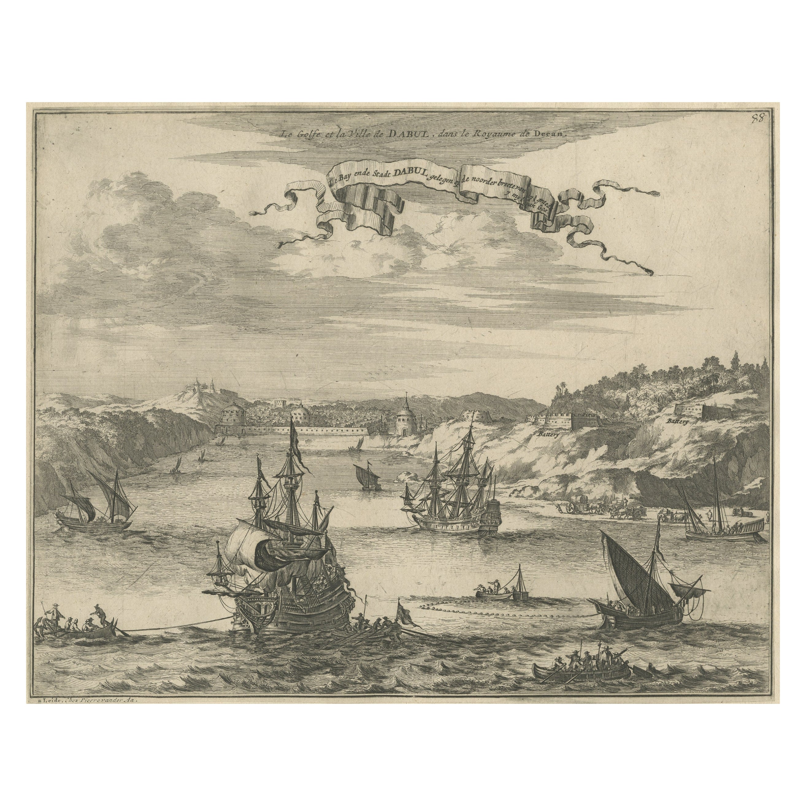 Veduta a volo d'uccello di Dabhol vista dal mare, a nord di Goa, India, 1727