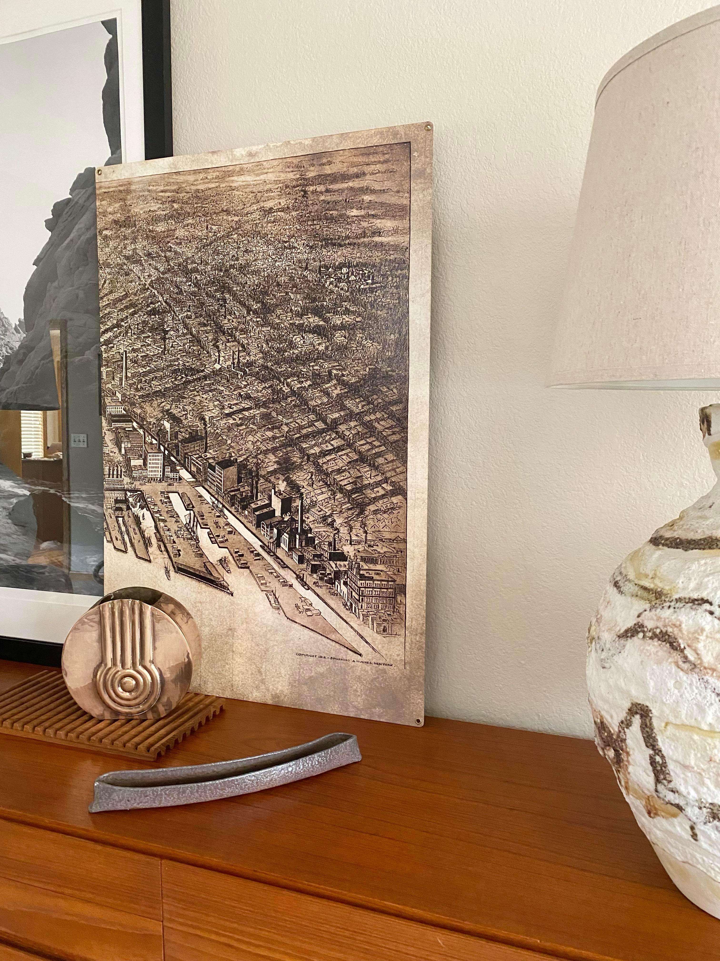 Mid-Century Modern Bird's Eye View of NYC Printed on Industrial Metal Panel For Sale