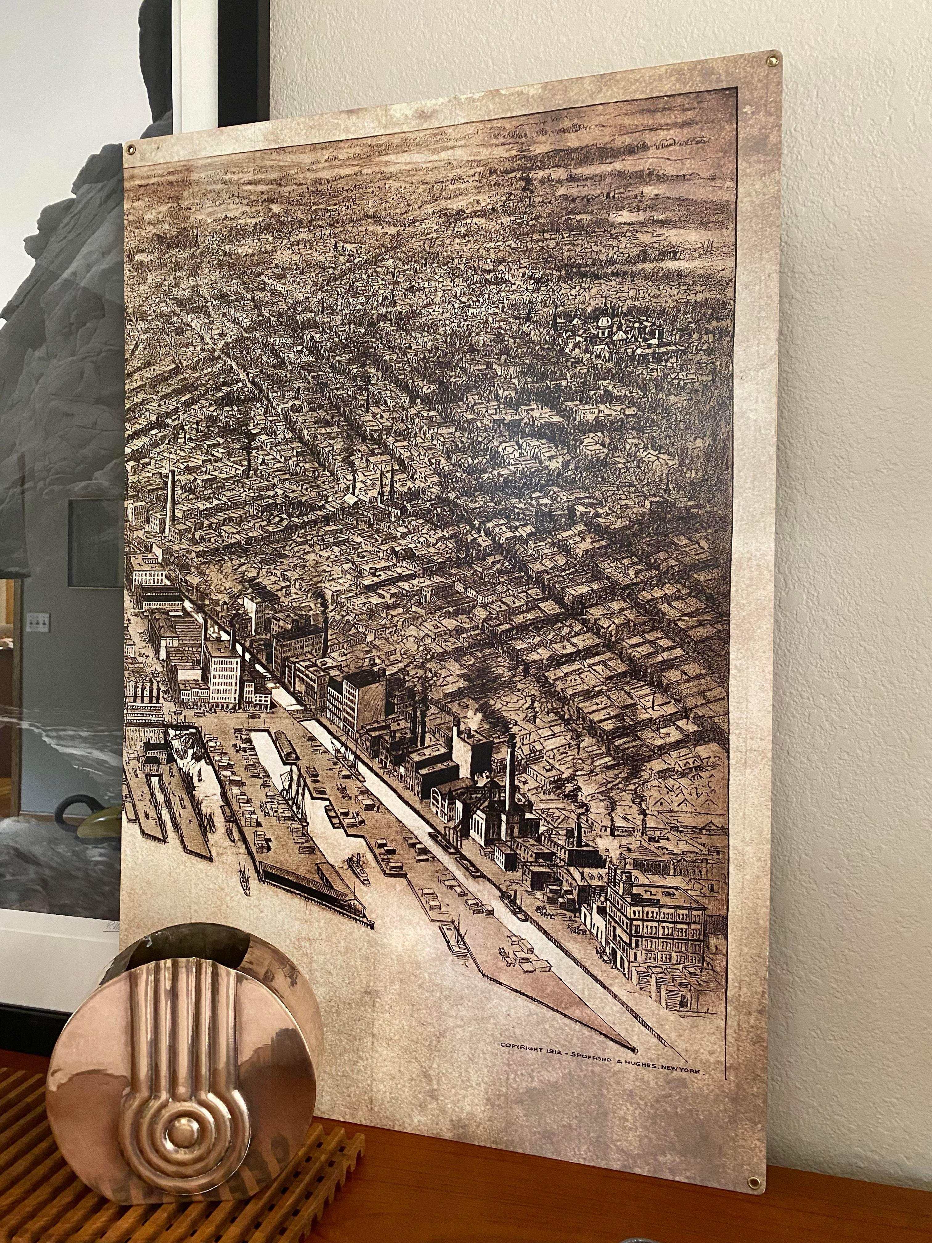American Bird's Eye View of NYC Printed on Industrial Metal Panel For Sale