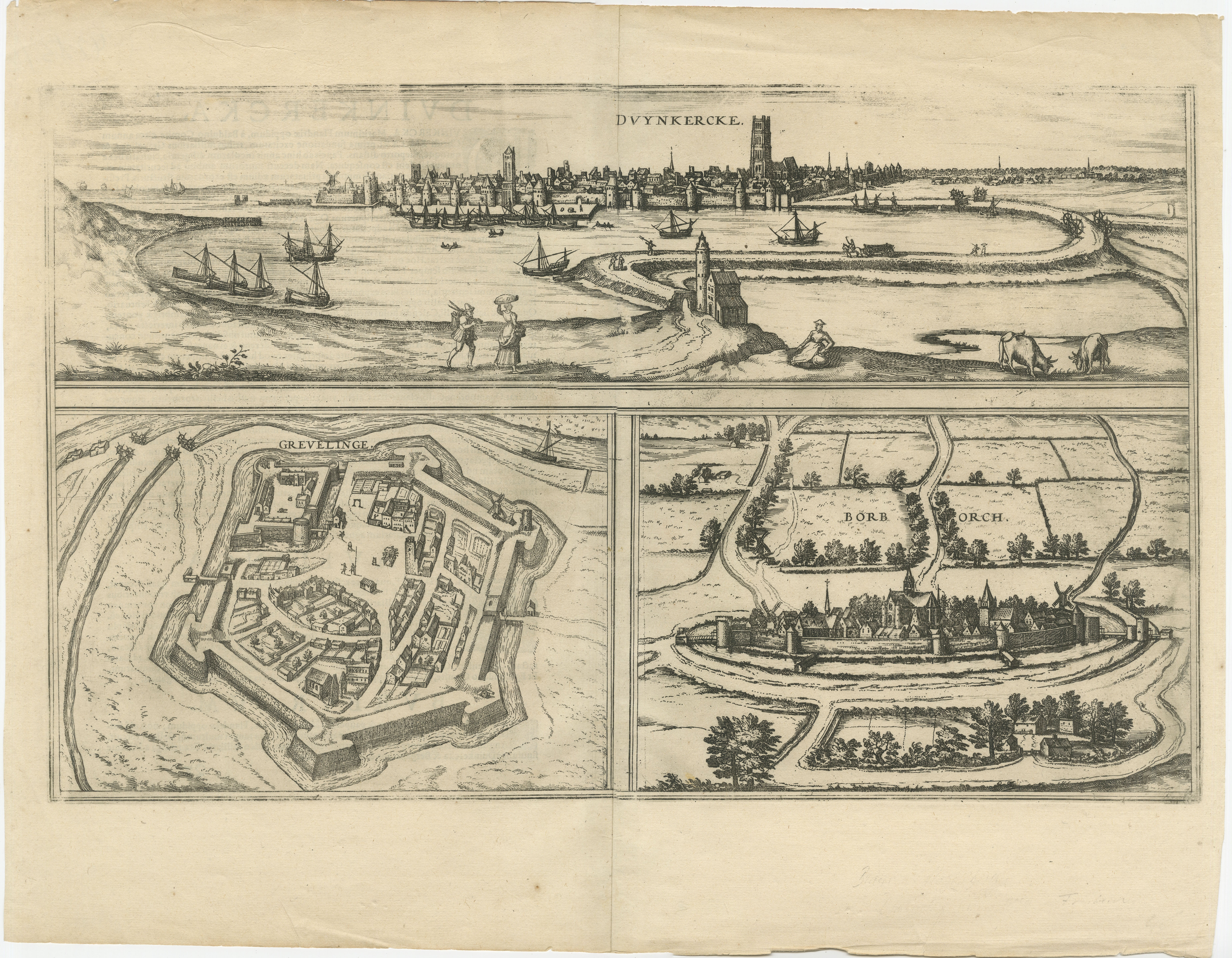 Vistas a vista de pájaro de Dunkerque, Gravelines y Bourbourg por Braun y Hogenberg, 1597  

Este grabado antiguo, publicado en 1597 por Braun y Hogenberg, muestra tres detalladas vistas a vista de pájaro de Dunkerque (Dunkerque), Gravelines y