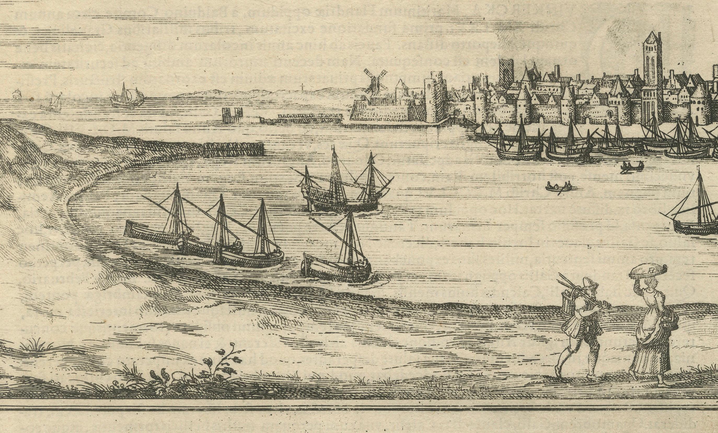 Vistas a vista de pájaro de Dunkerque, Gravelines y Bourbourg por Braun y Hogenberg Grabado en venta