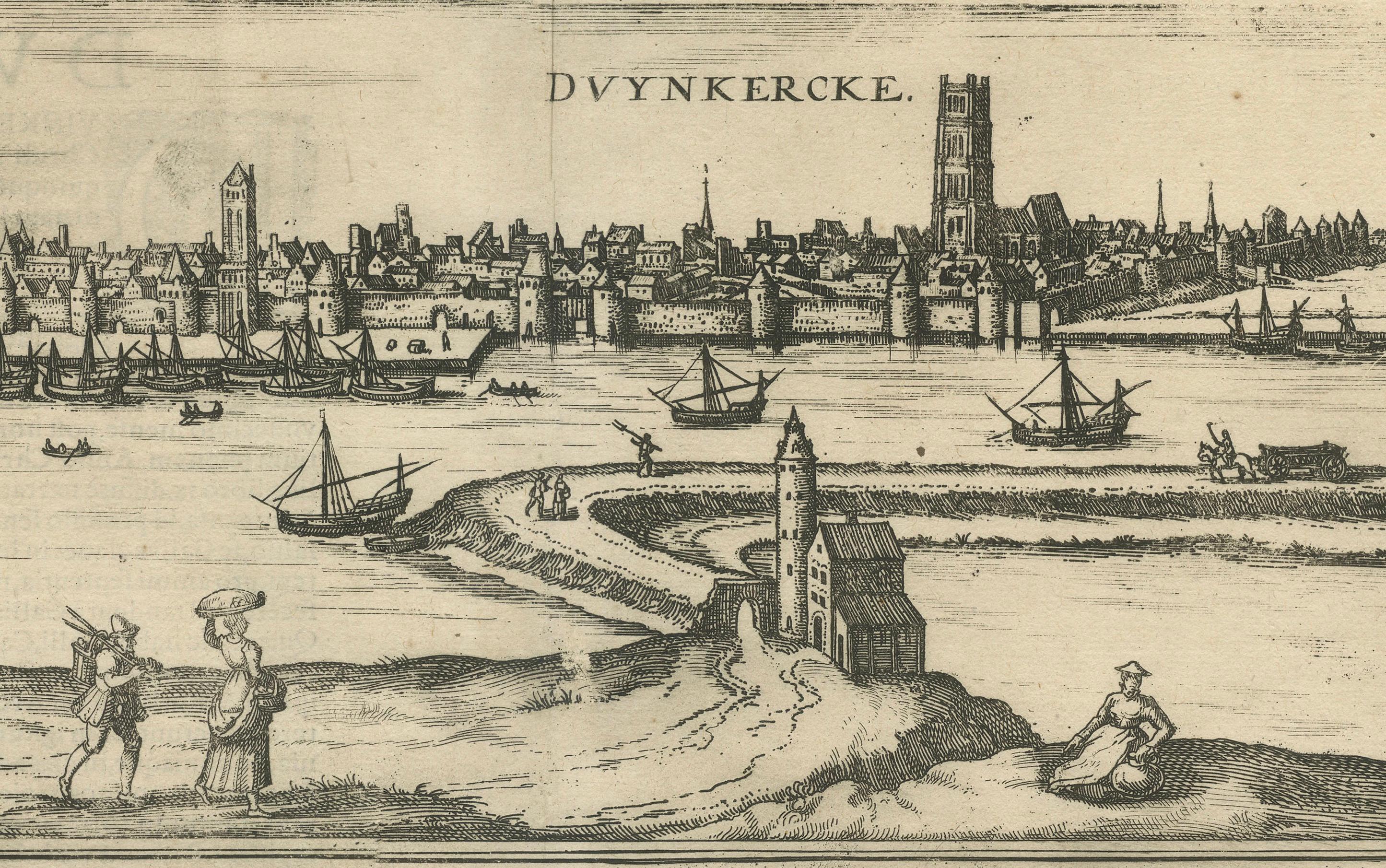 Vistas a vista de pájaro de Dunkerque, Gravelines y Bourbourg por Braun y Hogenberg en Bueno estado para la venta en Langweer, NL
