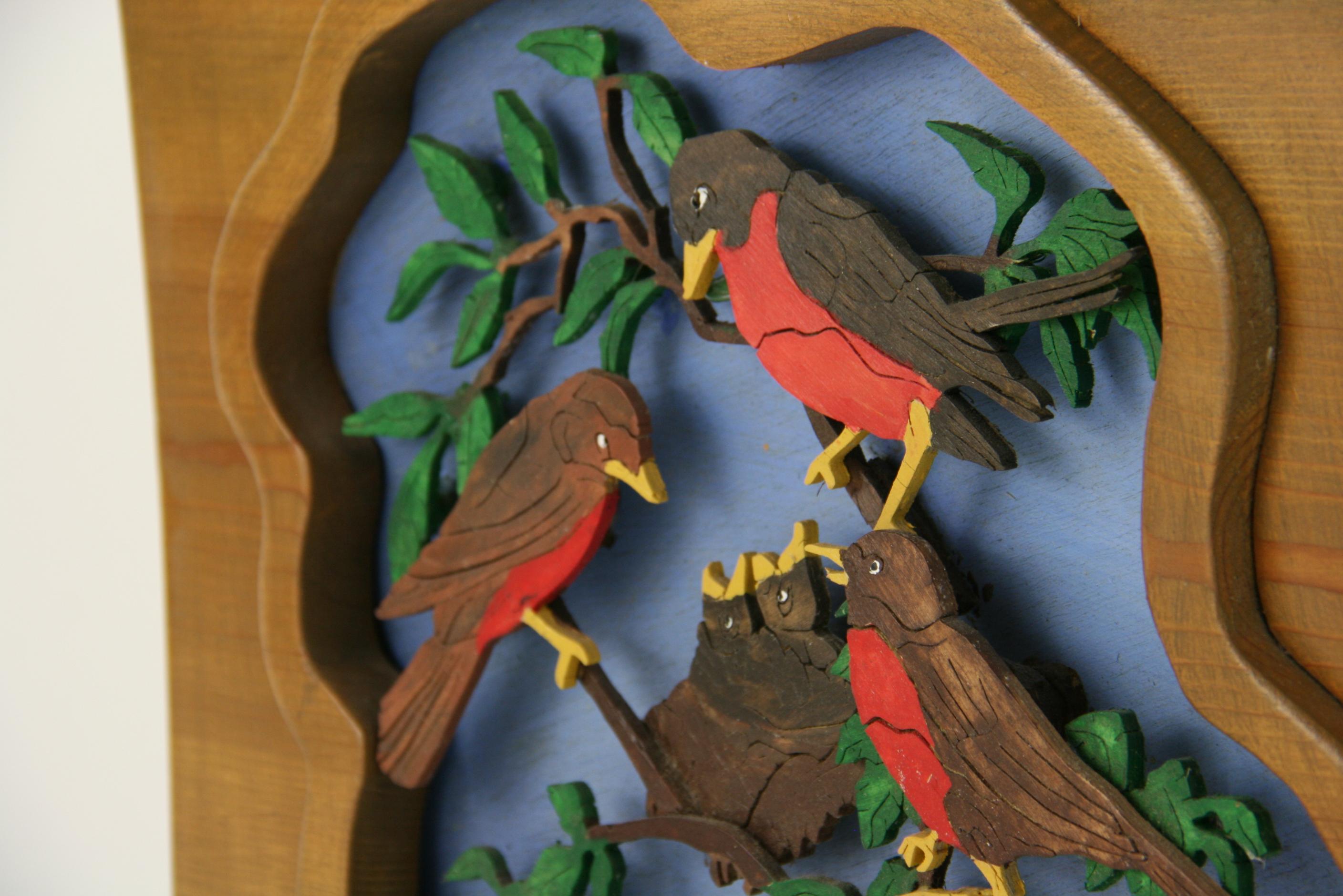 Birds Feeding Young Folk Art Wall Sculpture For Sale 7