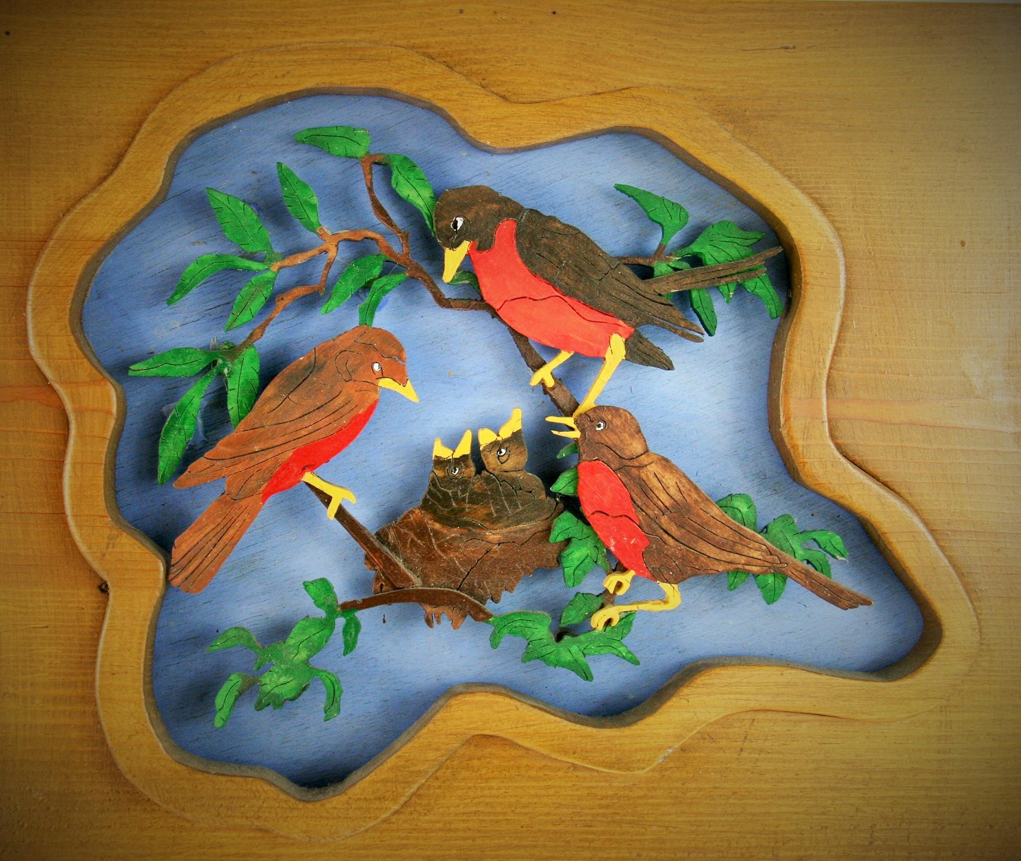 Birds Feeding Young Folk Art Wall Sculpture In Good Condition For Sale In Douglas Manor, NY