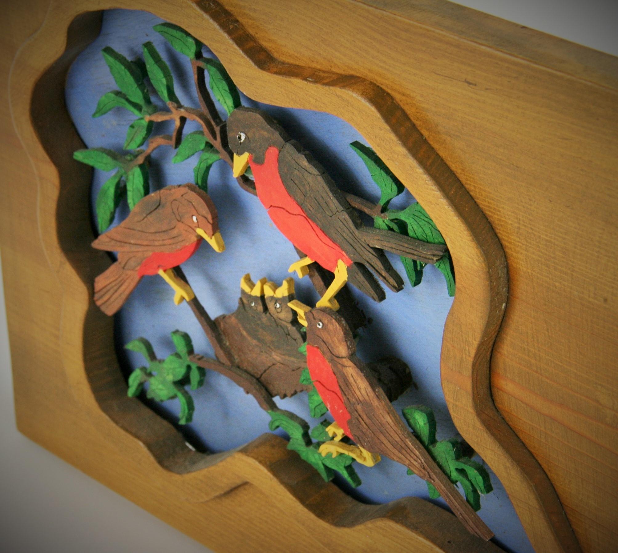 Birds Feeding Young Folk Art Wall Sculpture For Sale 4