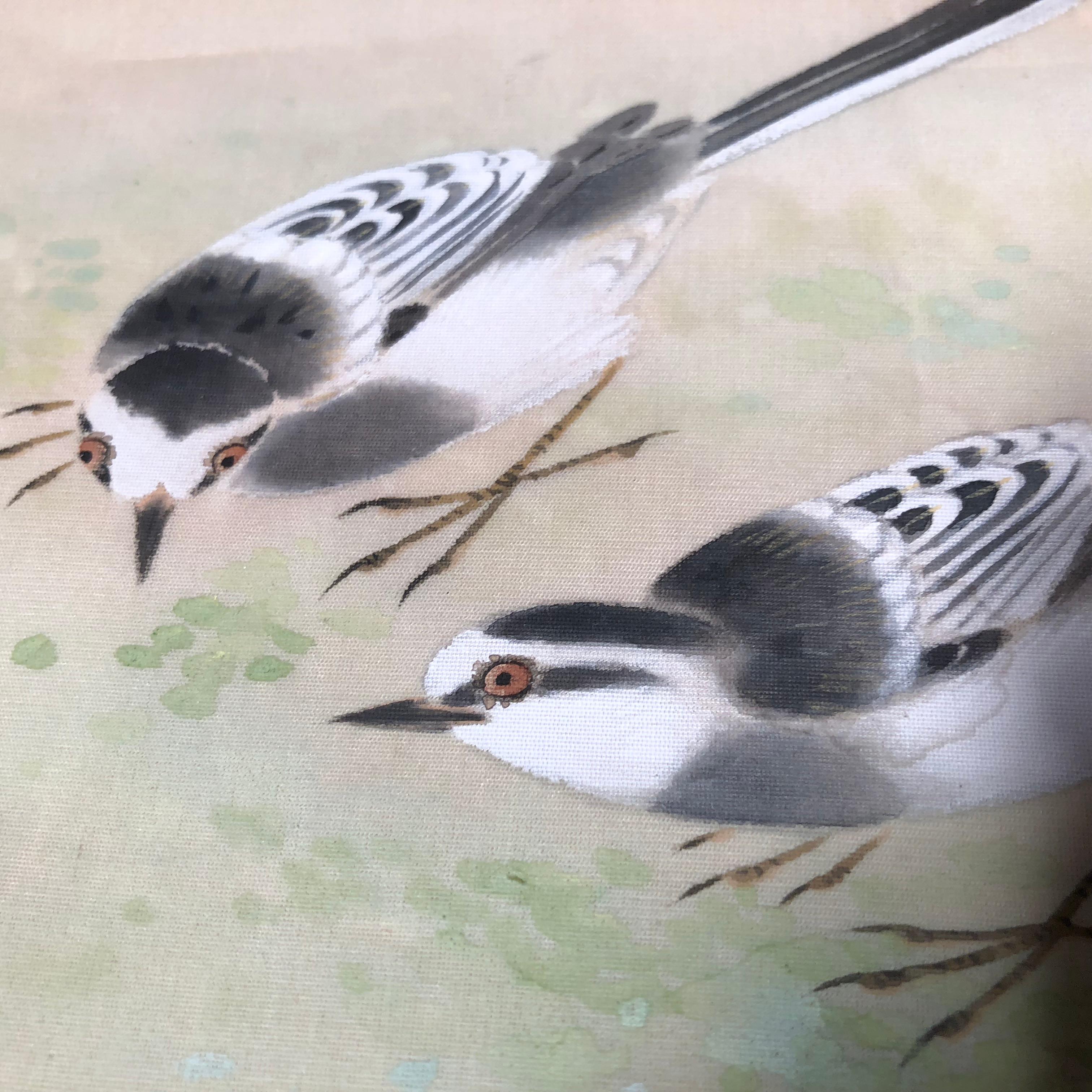 Birds & Flowers Galore Japanese Antique Hand-Painted Silk Painting Taisho Period In Good Condition In South Burlington, VT
