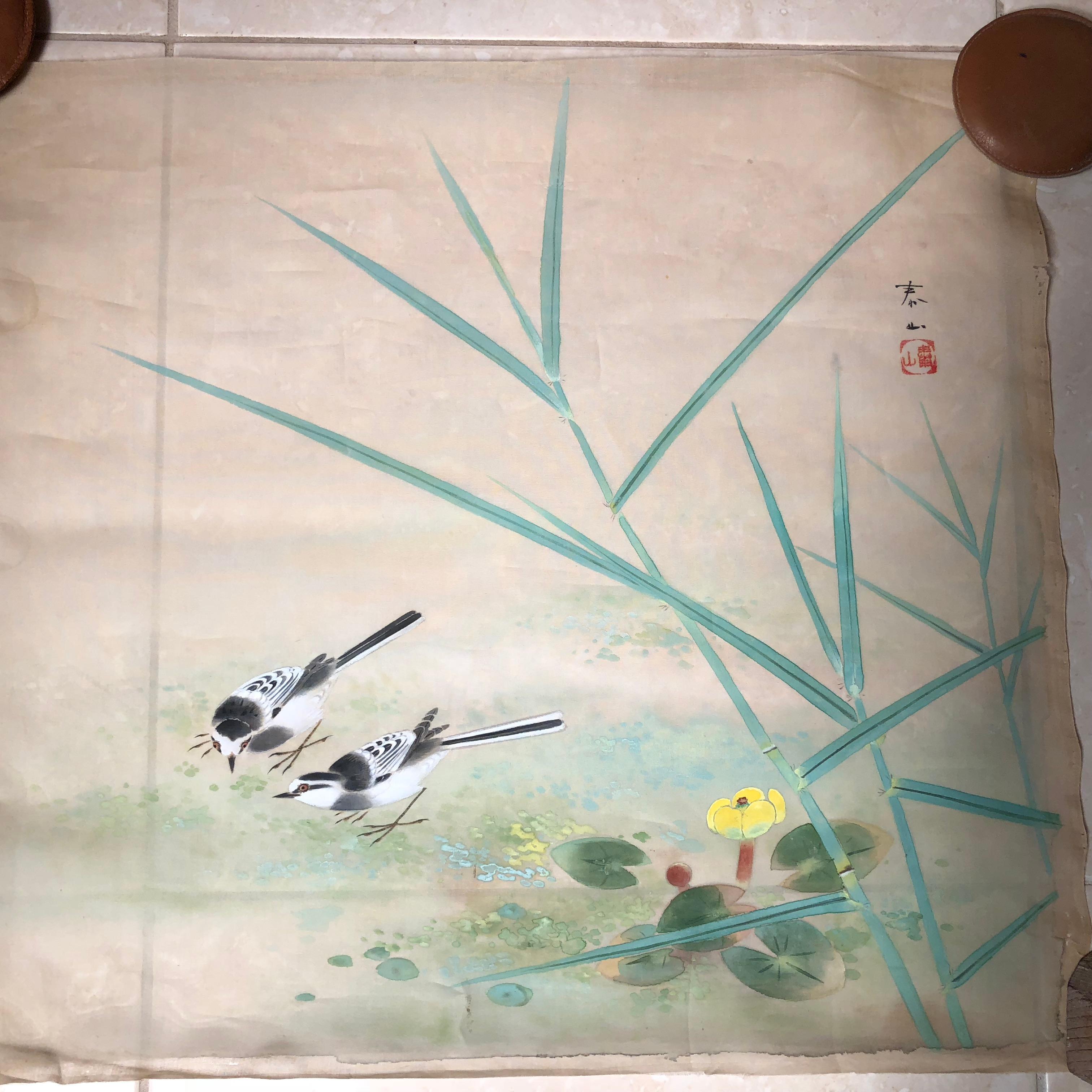 20th Century Birds & Flowers Galore Japanese Antique Hand-Painted Silk Painting Taisho Period