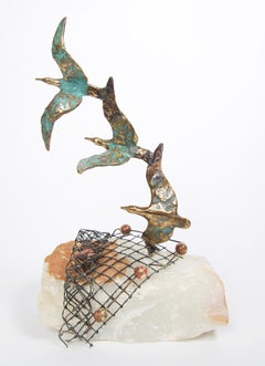 Birds in Flight off Coast Sculpture on Onyx Stone by Curtis Jere