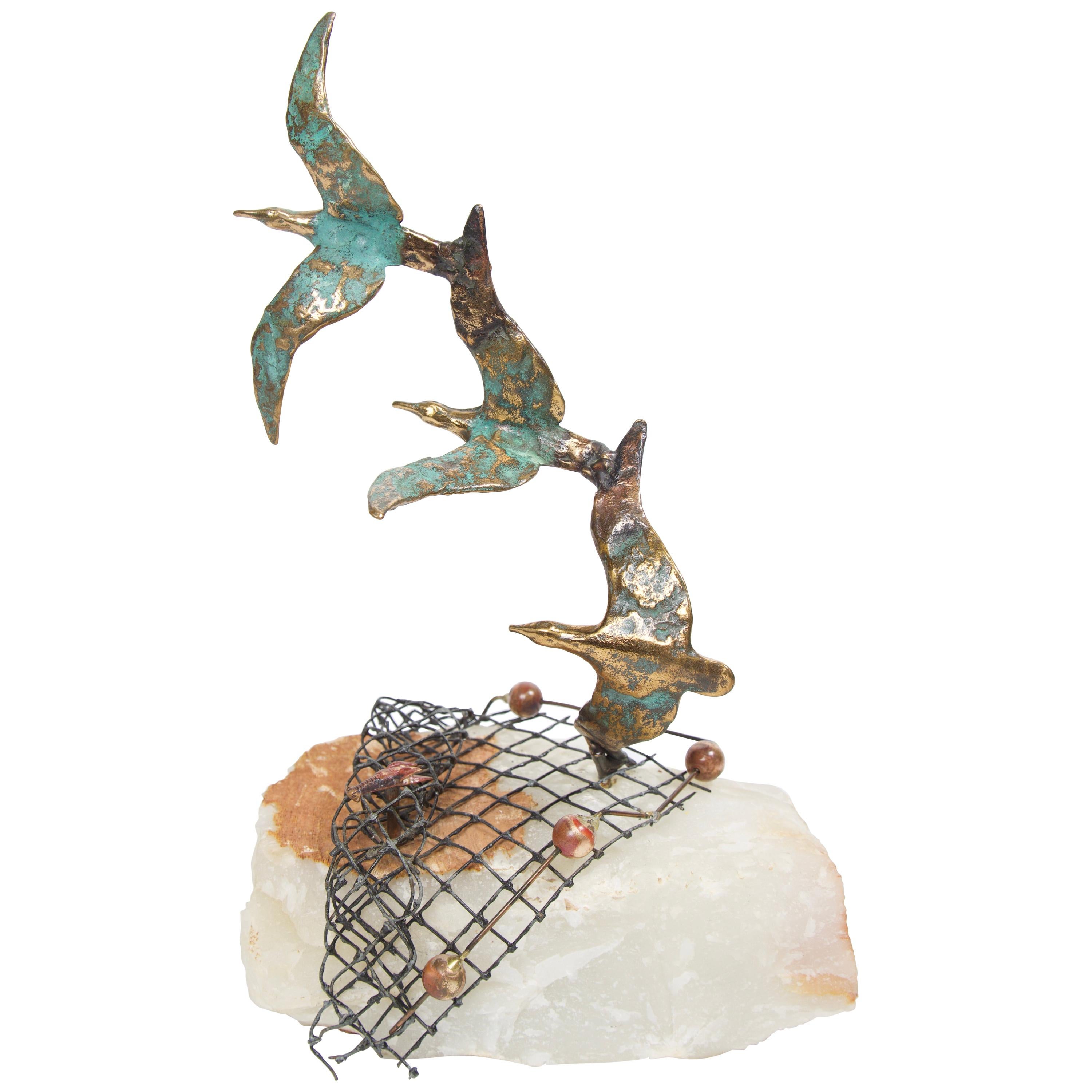 Birds in Flight off Coast Sculpture on Onyx Stone by Curtis Jere