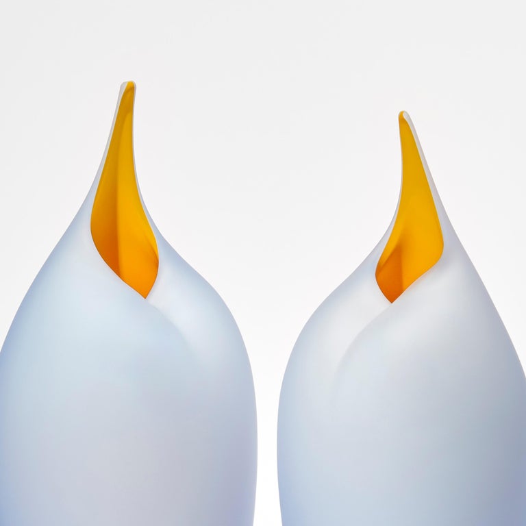 Organic Modern Tall Birds in Soft Blue & Yellow, a Pair of Glass Sculptures by Bruce Marks For Sale