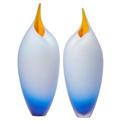Tall Birds in Soft Blue & Yellow, a Pair of Glass Sculptures by Bruce Marks