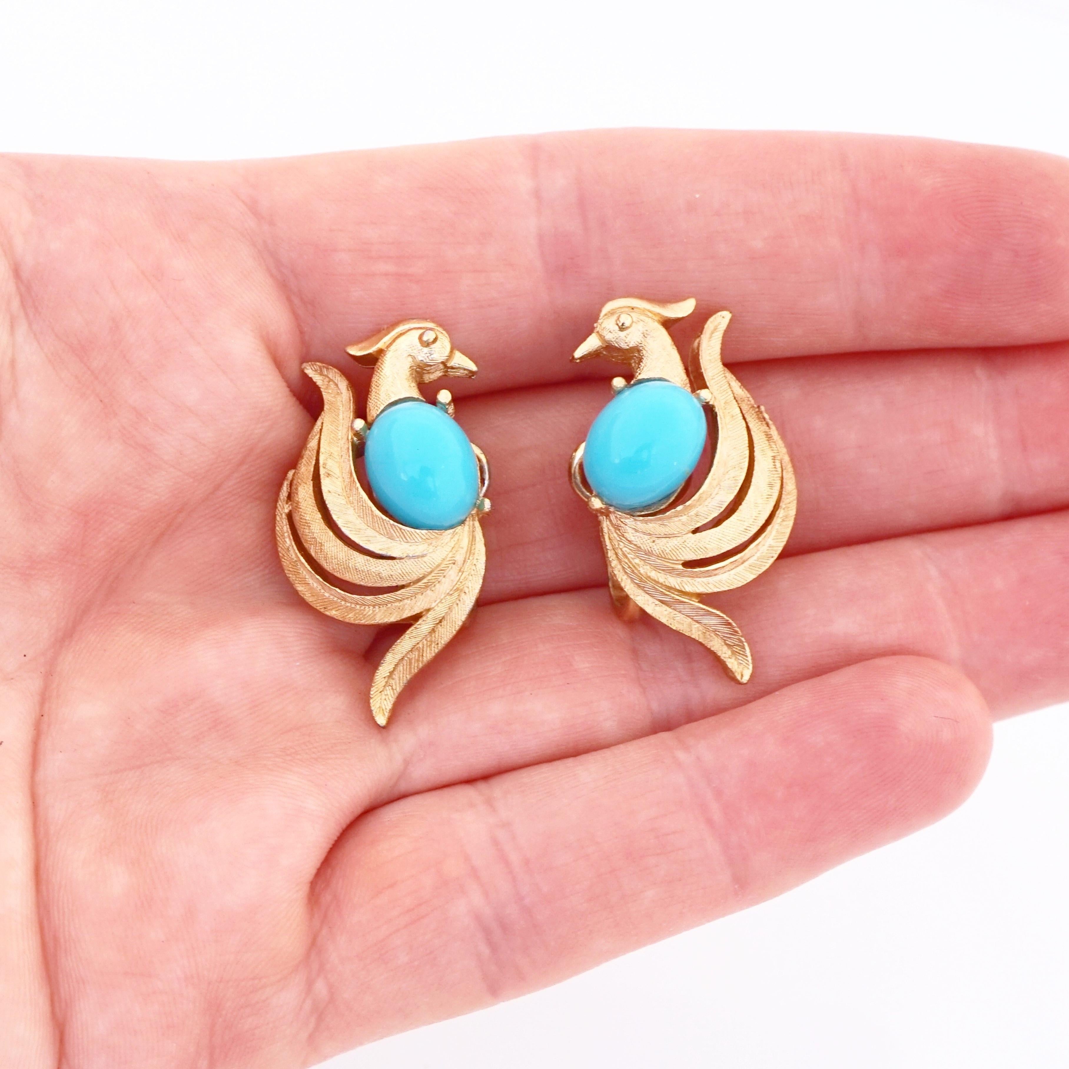 Modern Birds of Paradise Earrings With Turquoise Belly By Trifari For Avon, 1960s