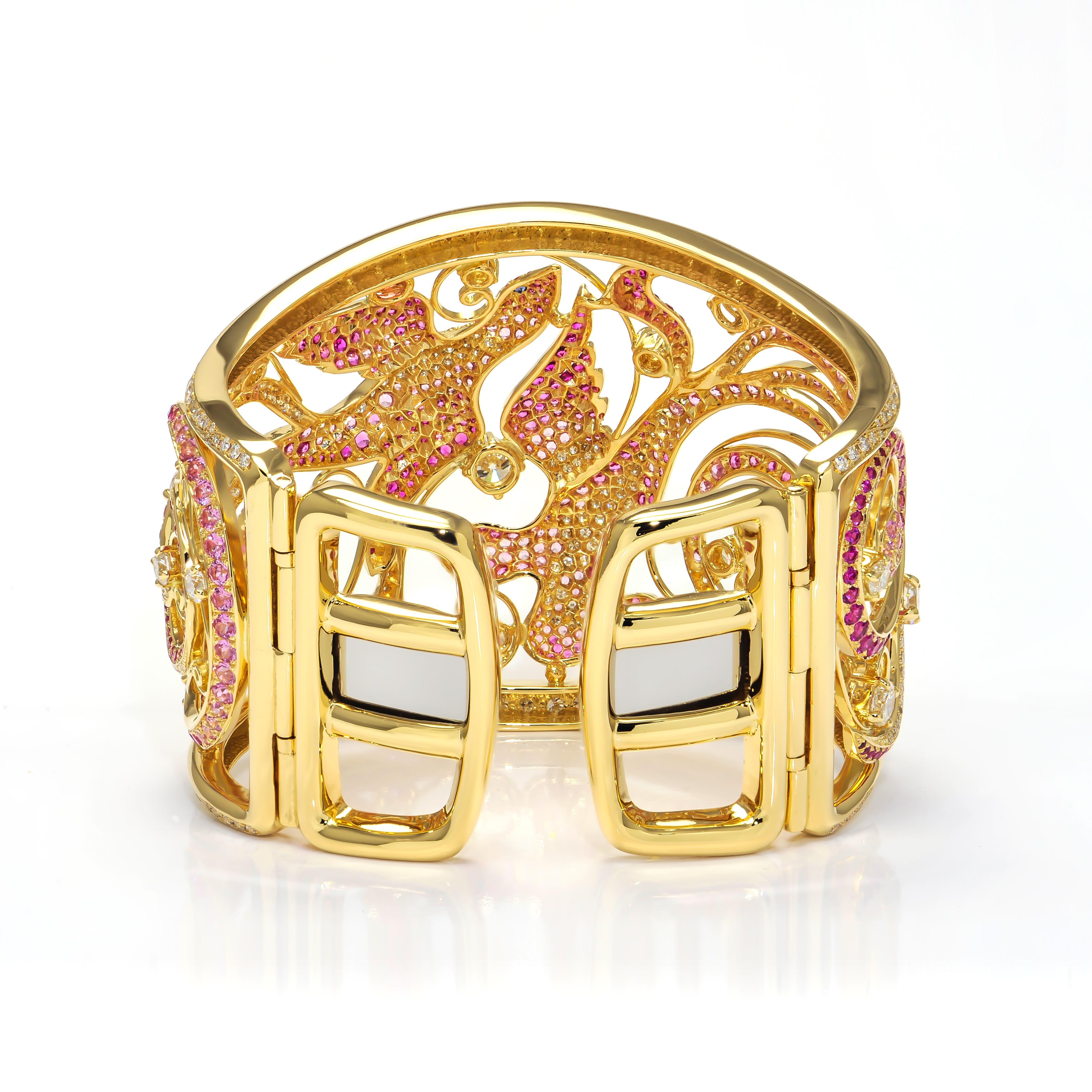 Contemporary Birds of Paradise Pink Sapphires and Diamonds Rose Gold Wide Cuff Bracelet For Sale
