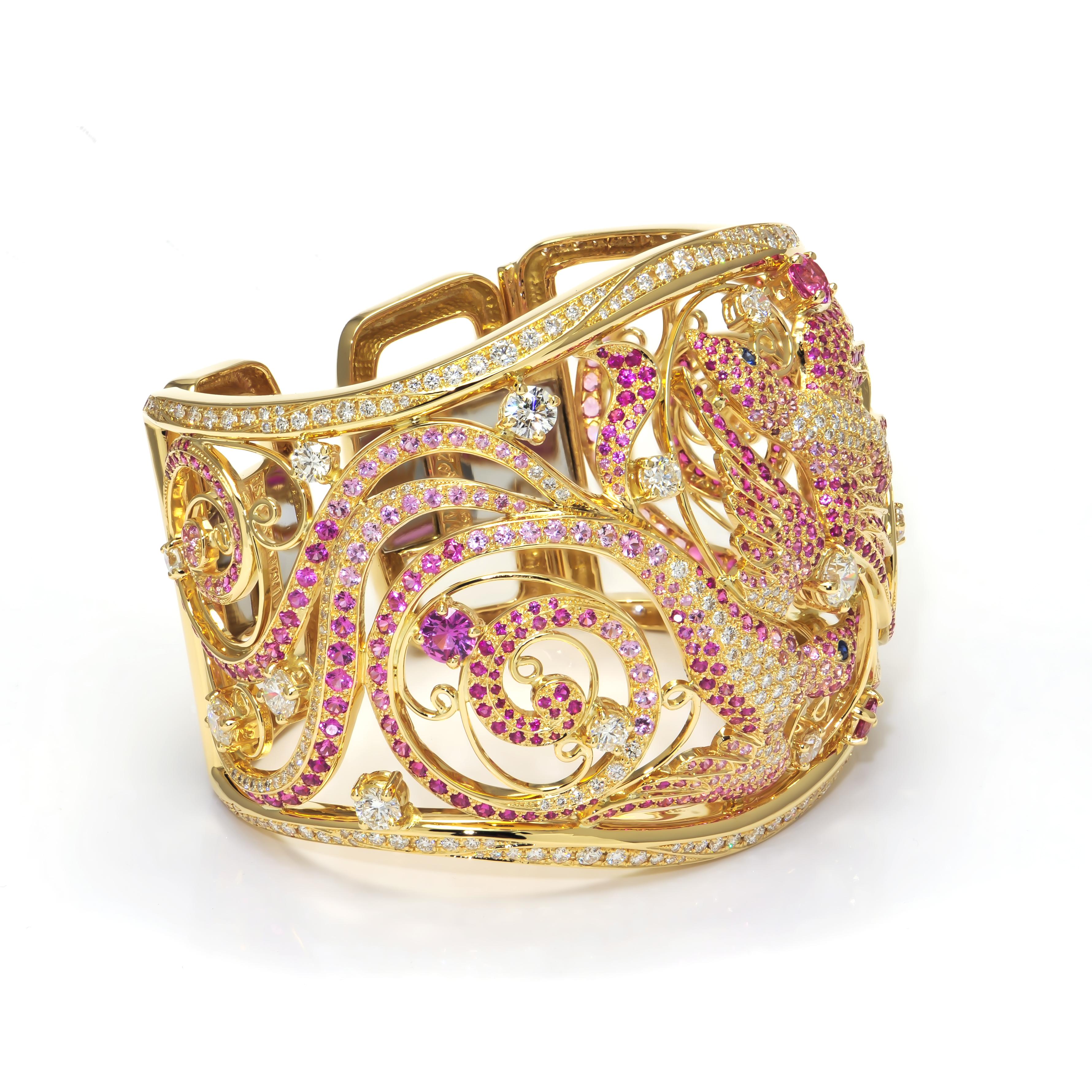 Mixed Cut Birds of Paradise Pink Sapphires and Diamonds Rose Gold Wide Cuff Bracelet For Sale
