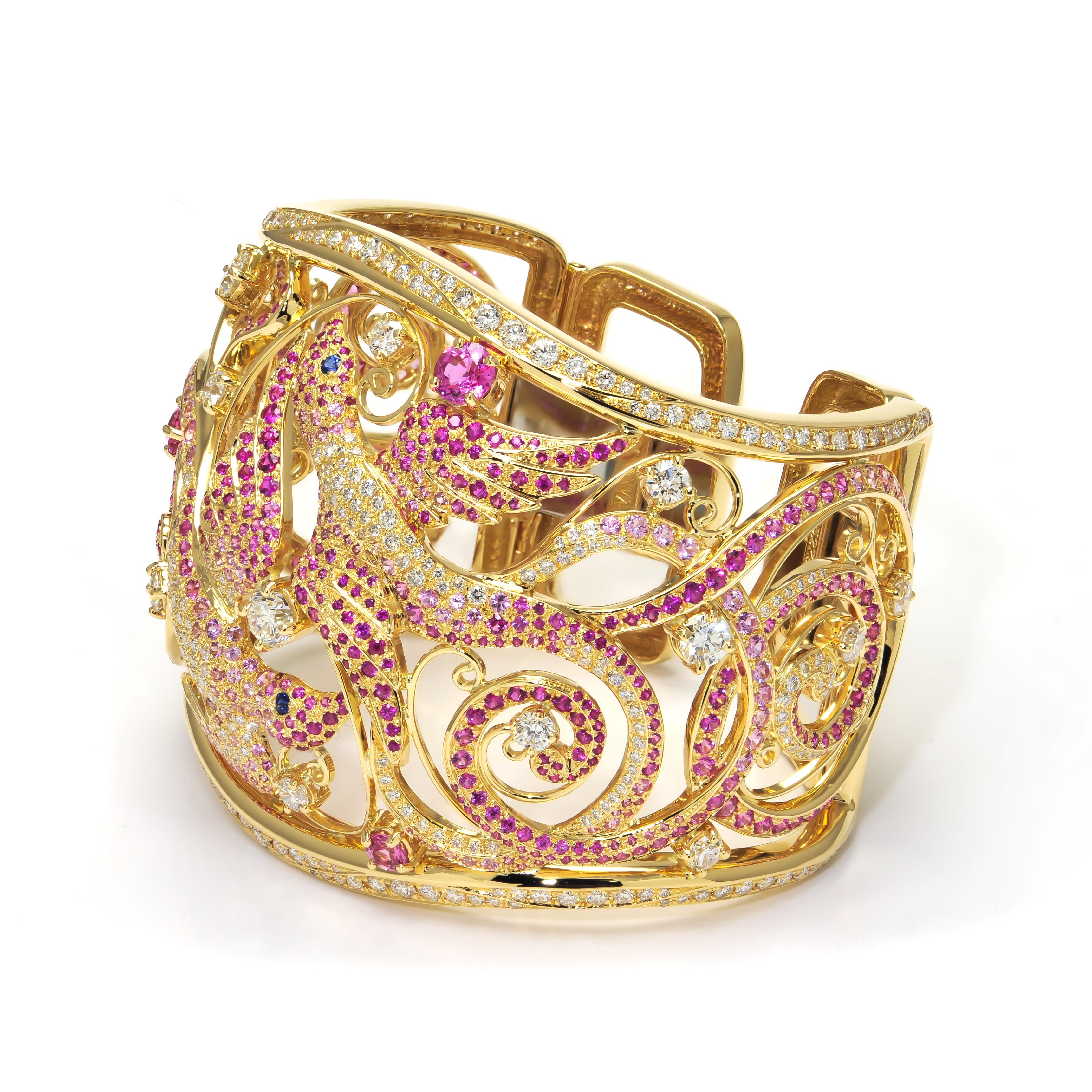 Birds of Paradise Pink Sapphires and Diamonds Rose Gold Wide Cuff Bracelet In New Condition For Sale In Montreal, QC