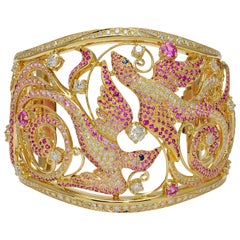 Birds of Paradise Pink Sapphires and Diamonds Rose Gold Wide Cuff Bracelet