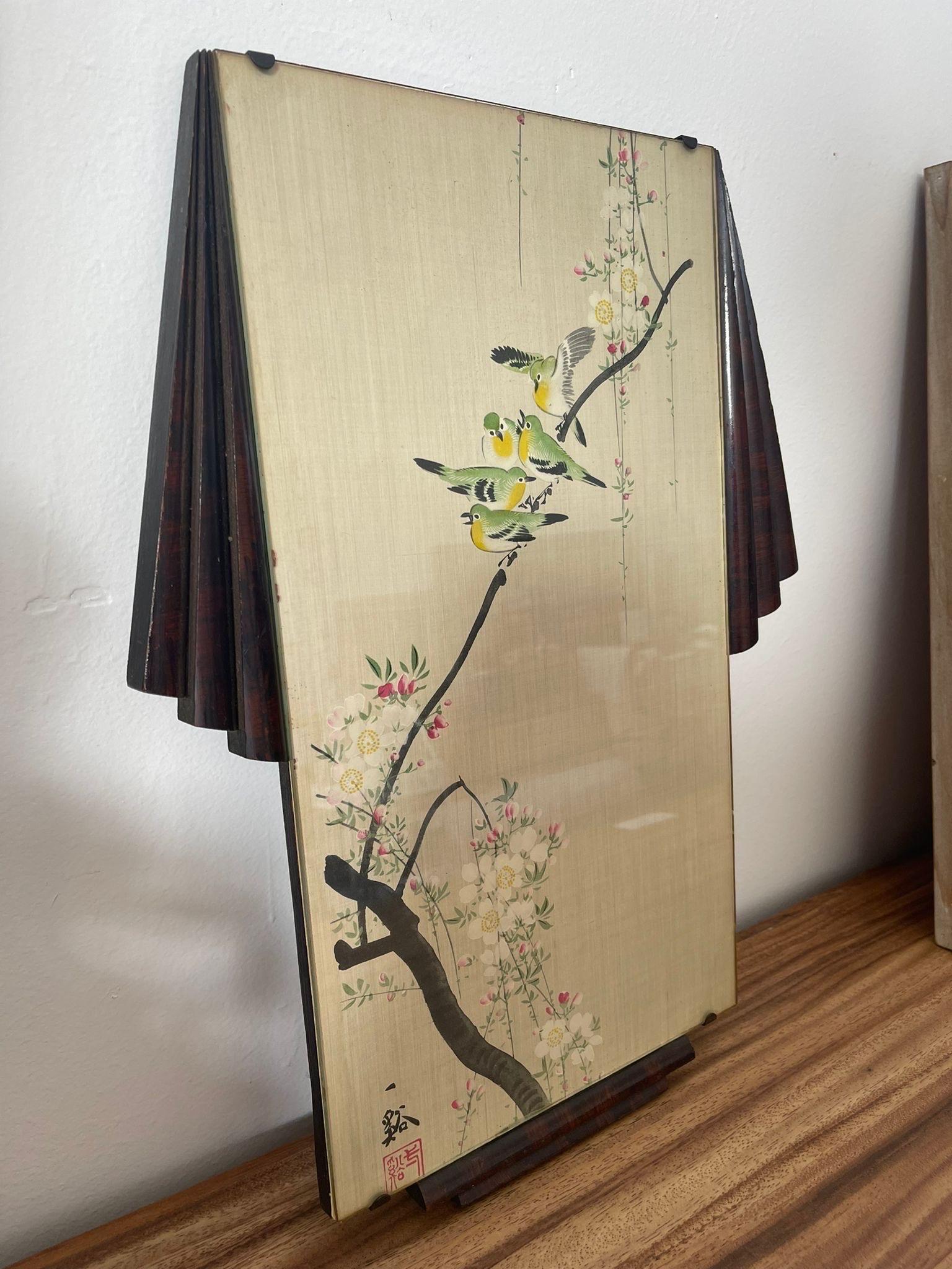 Birds on Branch Scene Silk Painting With Art Deco Frame In Good Condition For Sale In Seattle, WA
