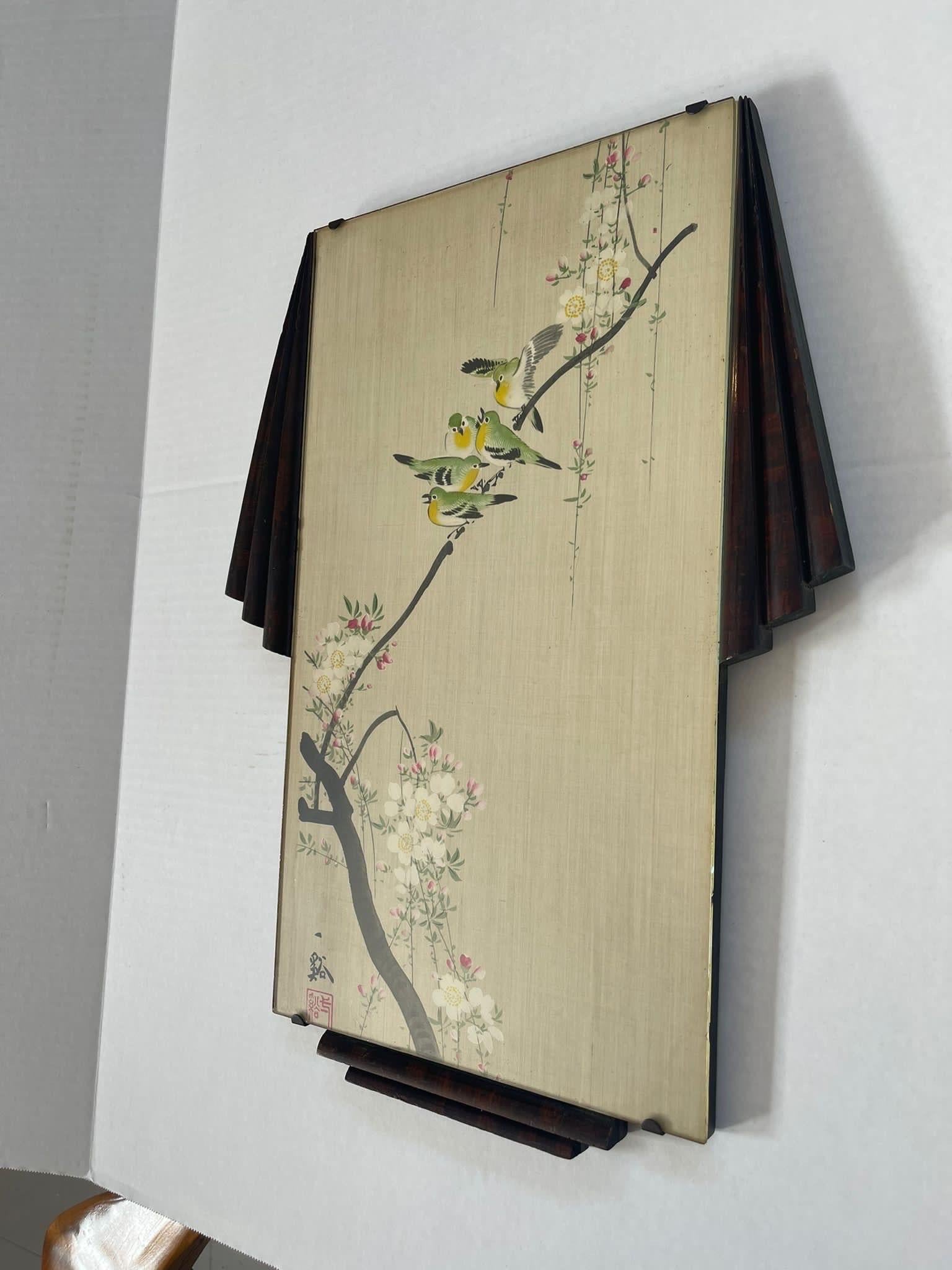Birds on Branch Scene Silk Painting With Art Deco Frame For Sale 1