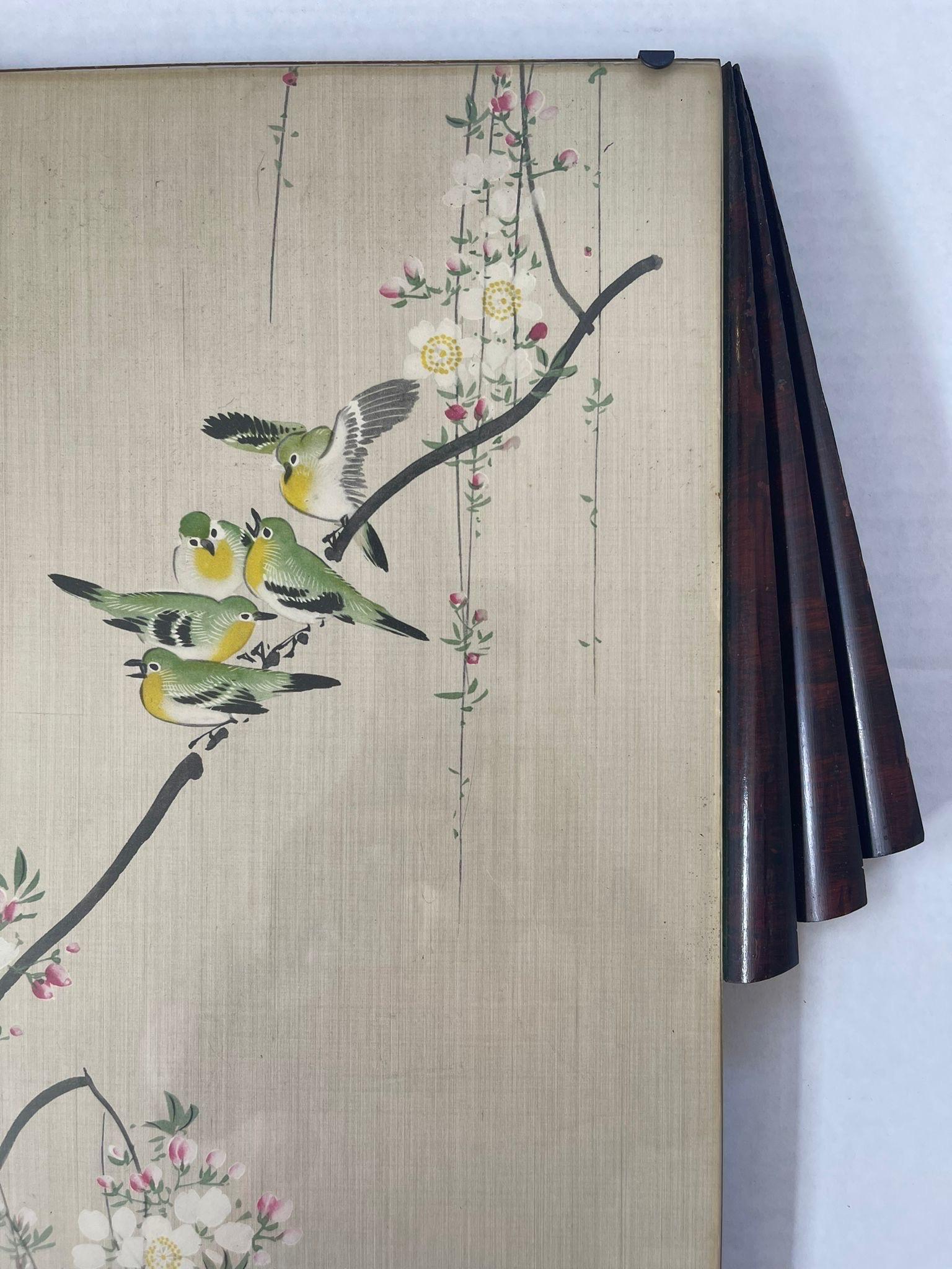 Birds on Branch Scene Silk Painting With Art Deco Frame For Sale 2