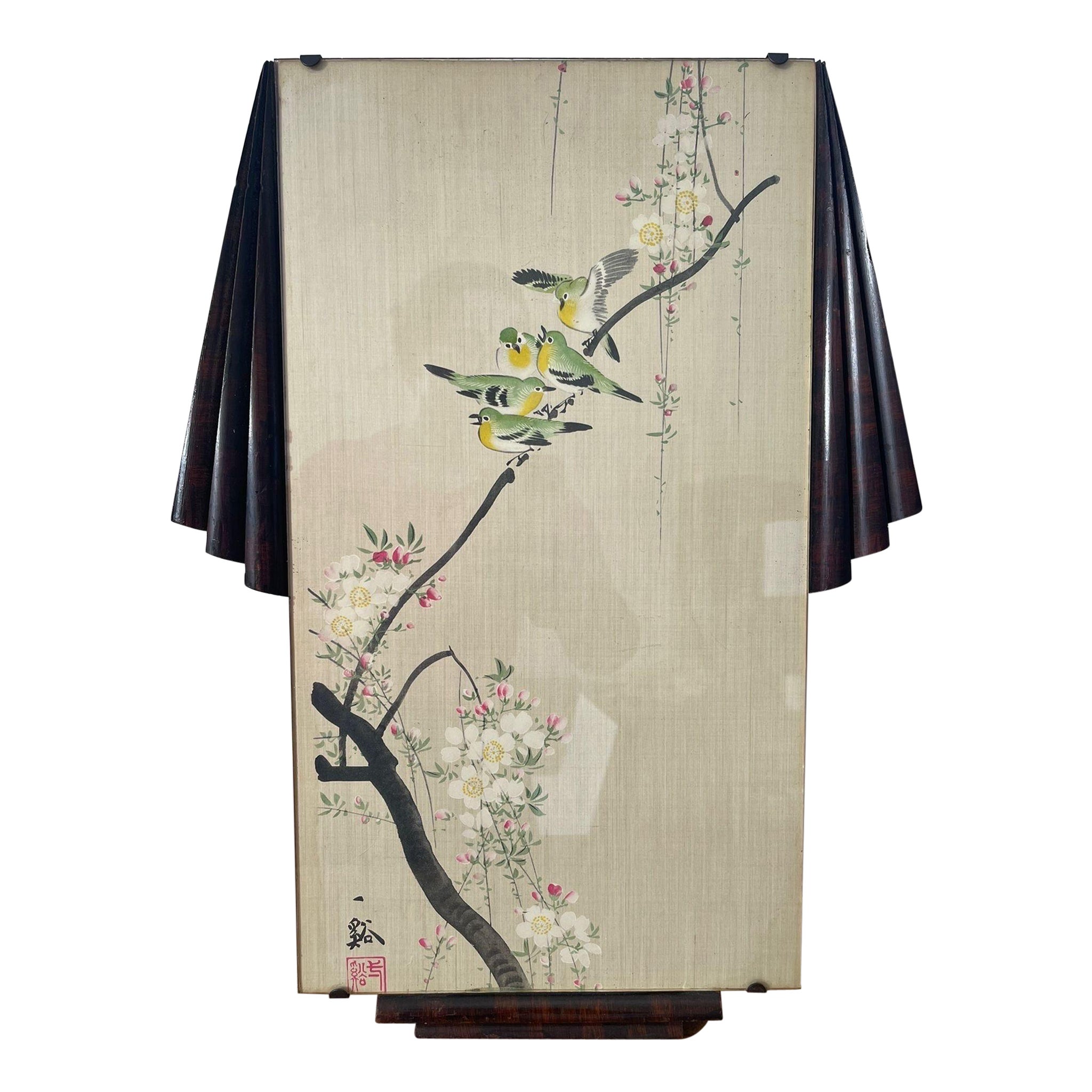 Vögel auf Branch Szene Seidenmalerei mit Art Deco Rahmen im Angebot