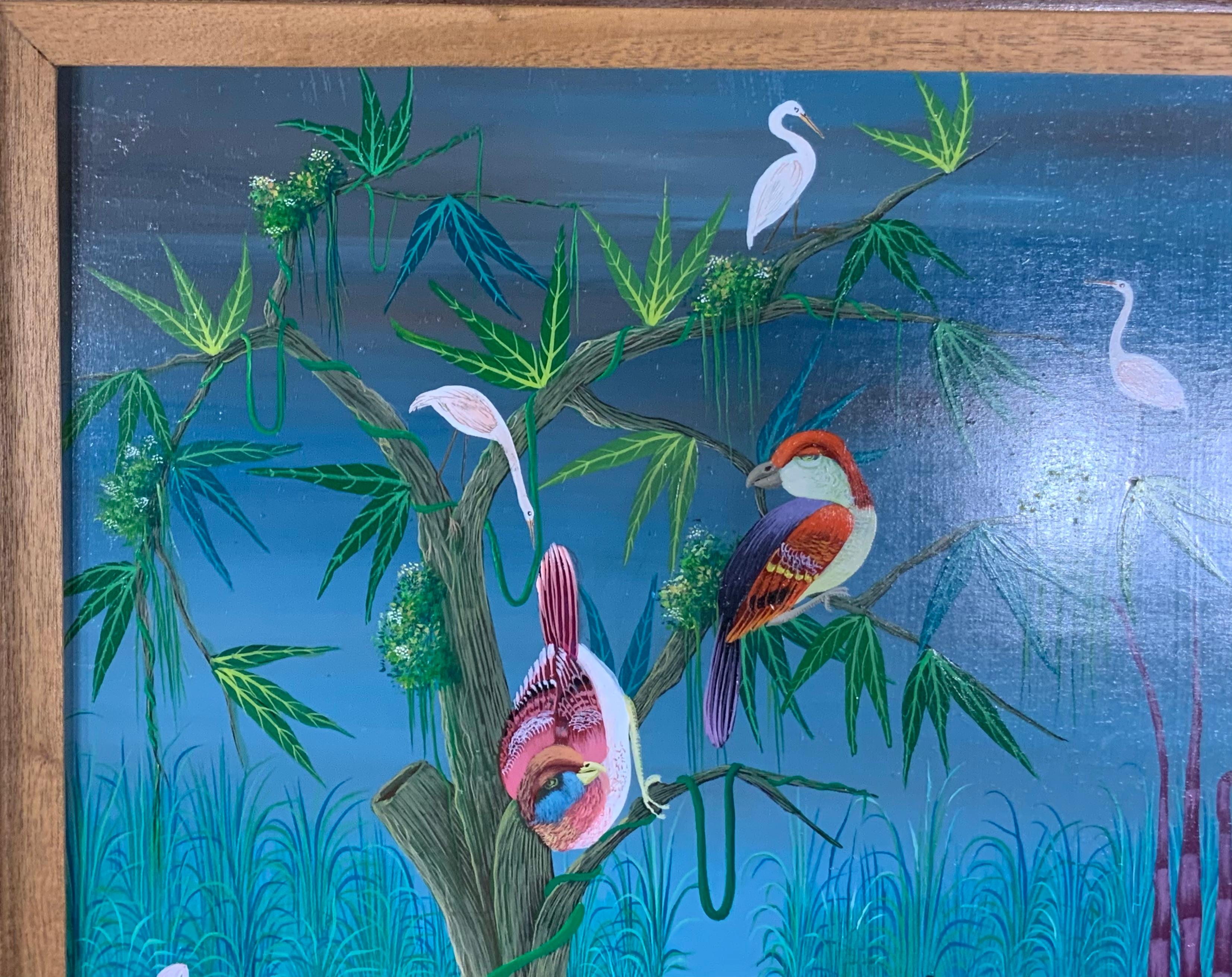 Hand-Painted Birds over Paradise Oil Painting