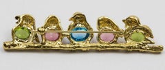 Birds Perched on a Branch Multi Gem Stones Gold Brooch Pin