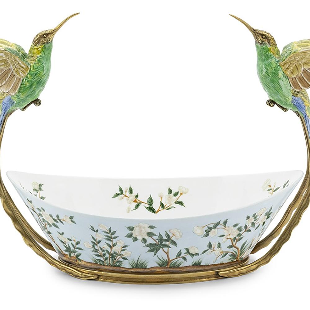 Italian Birds Porcelain Cup with Bronze Frame For Sale