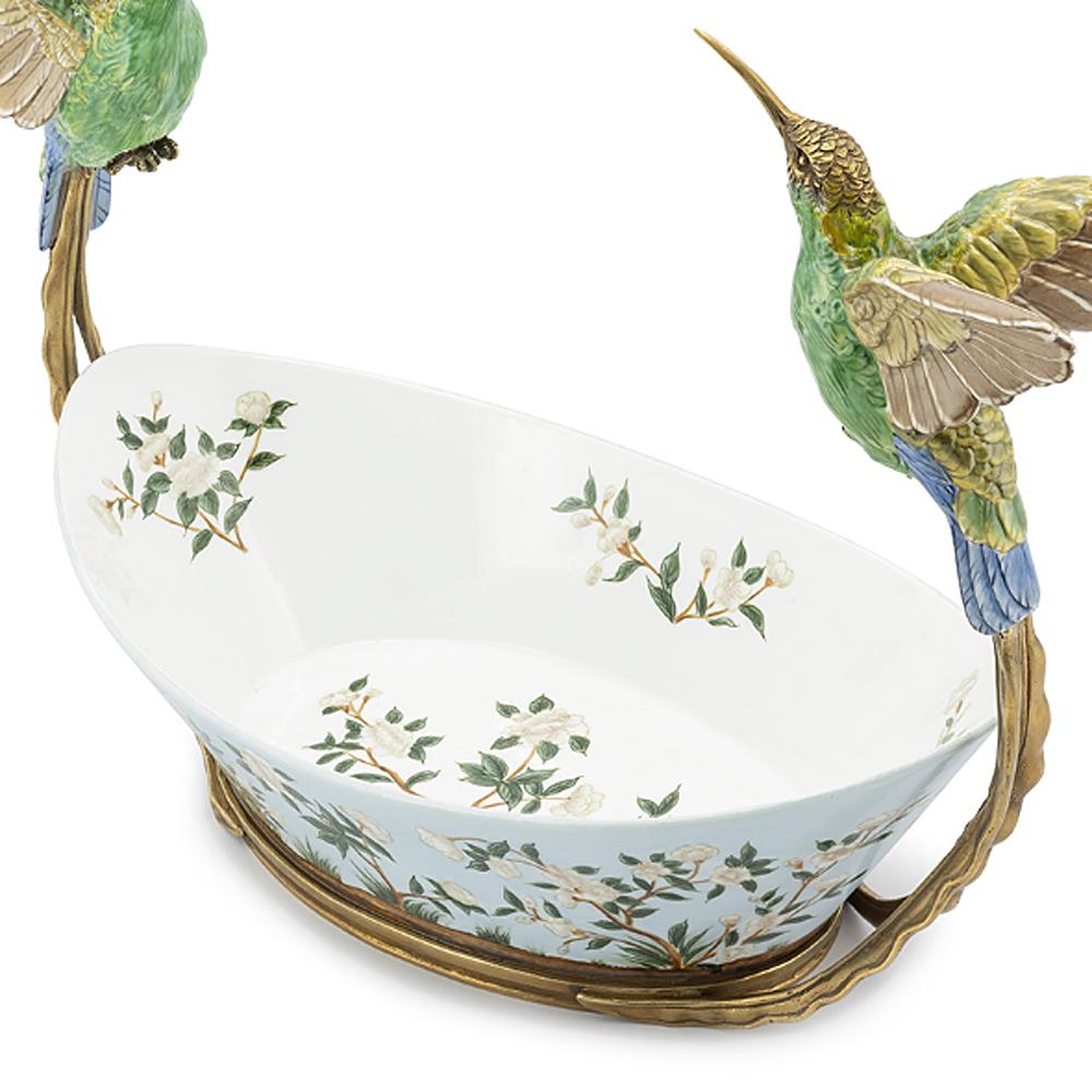 Hand-Crafted Birds Porcelain Cup with Bronze Frame For Sale