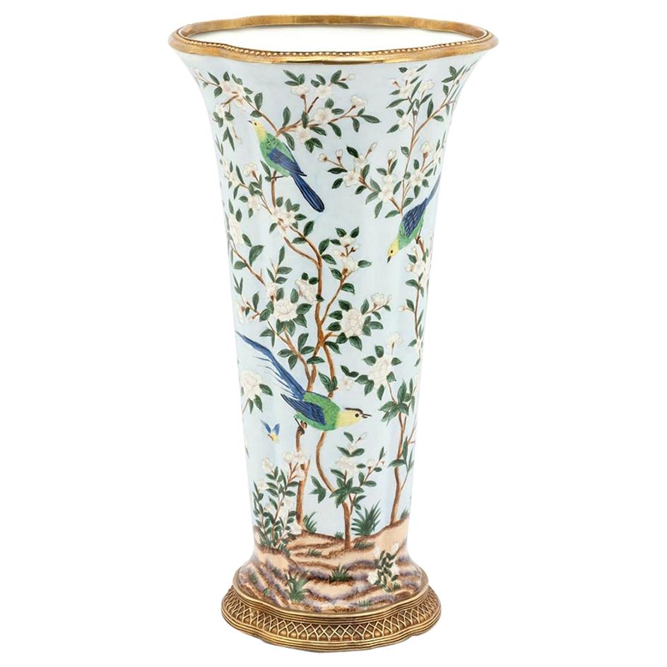 Birds Porcelain Vase with Bronze For Sale