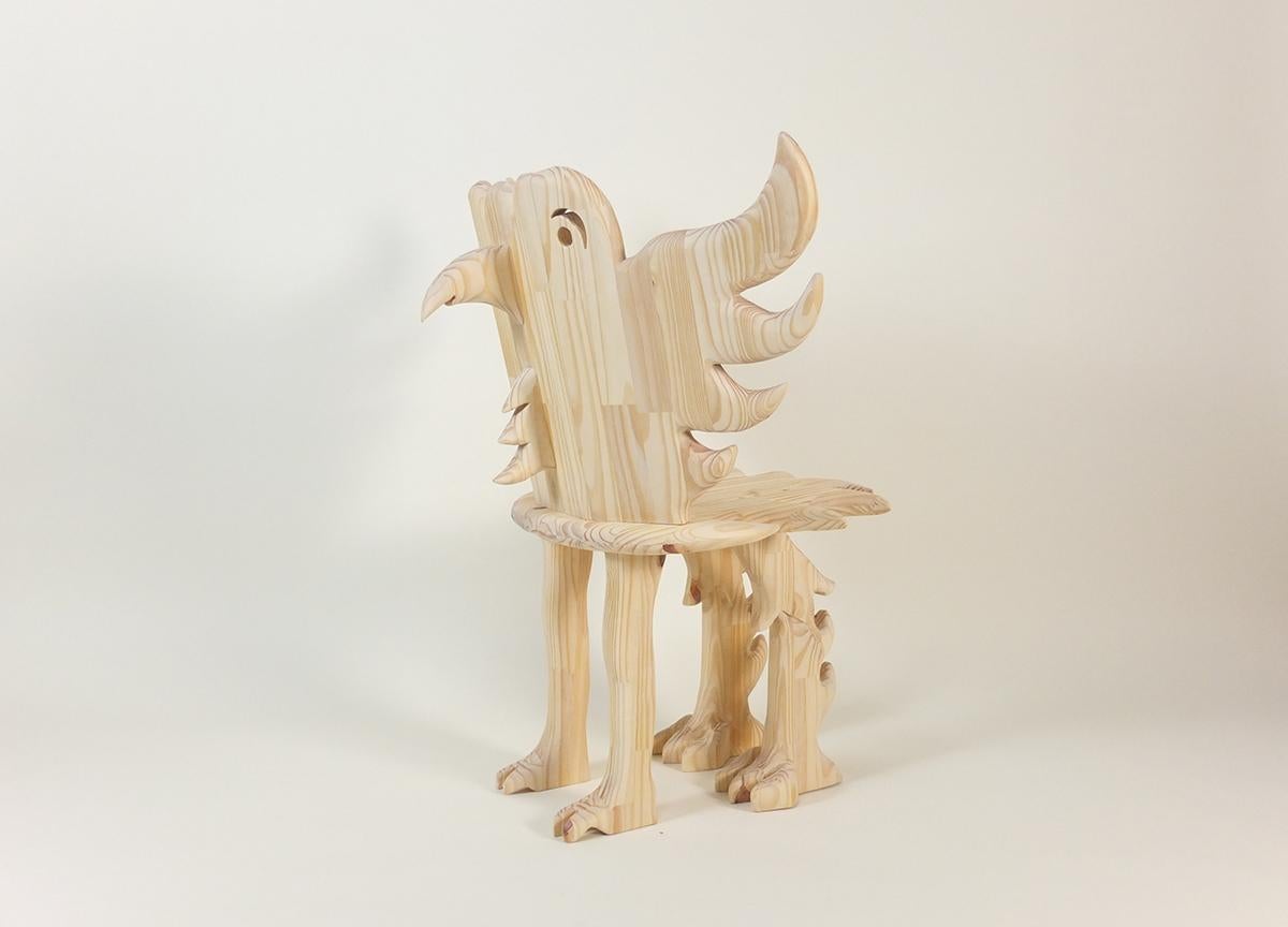 Carved Birdy Armchair - One of a kind artist object, hand-carved, Natural mat finish For Sale