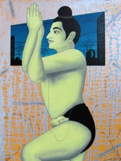 Junger Junge Tänzerin, Acryl auf Leinwand, Orange, Blau, Grün von indischer Künstler „Auf Lager“