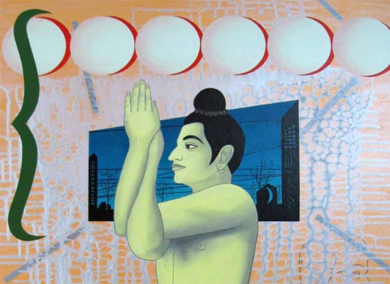 Boy Dancer, Acrylic on Canvas, Orange, Blue, Green by Indian Artist 