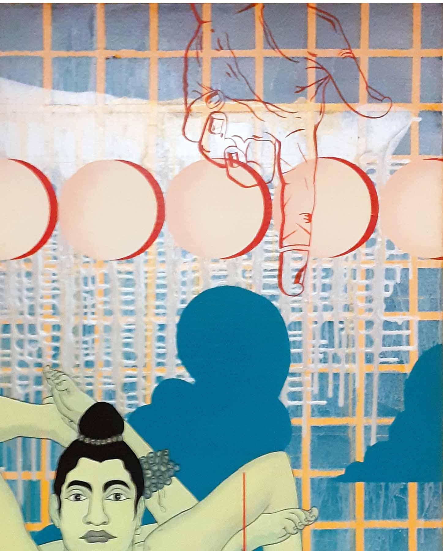 Gotipua Dancer (The Precarious Existence), Acrilico su tela, di Indian-In Stock in vendita 1