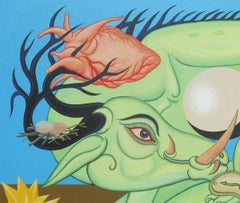 Viswaroopam 1, Mítico hindú, Acrílico sobre lienzo, Azul, Verde, Rosa "En Stock"