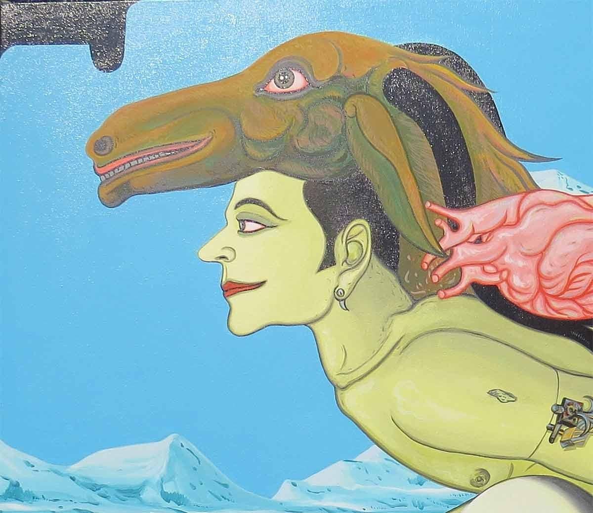 Viswaroopam Returns, Mythopoetic, Varaha Avatara, Acryl auf Leinwand „Auf Lager“ – Painting von Birendra Pani