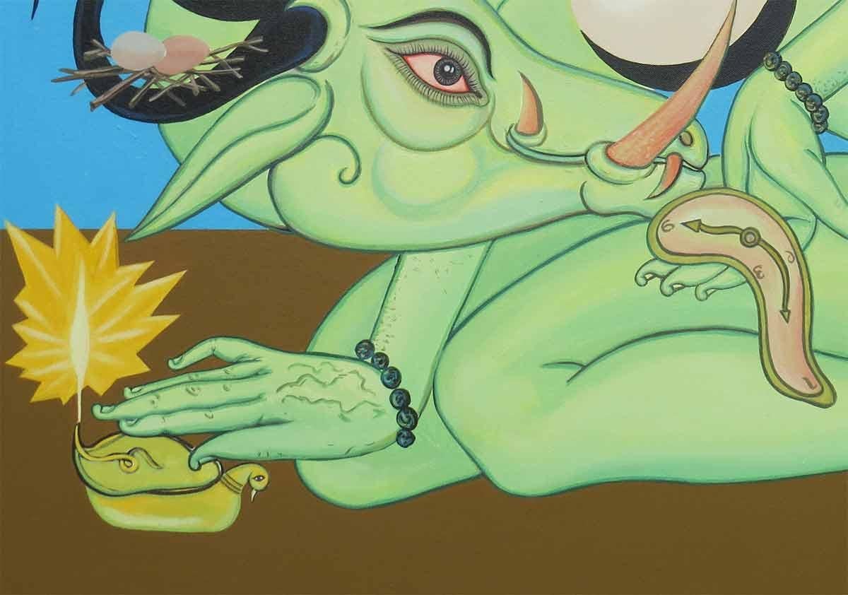 Viswaroopam 1, Hindu Mythical, Acrylic on Canvas, Blue, Green, Pink 