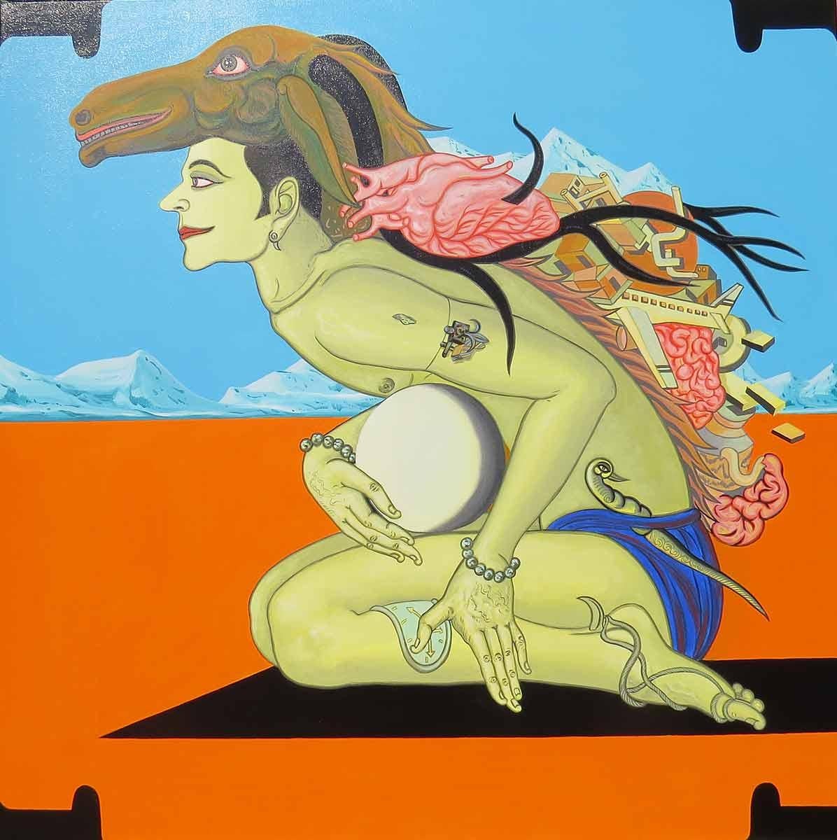 Animal Painting de Birendra Pani - Viswaroopam Vuelve, Mitopoético, Varaha Avatara, Acrílico sobre Lienzo "En Stock"