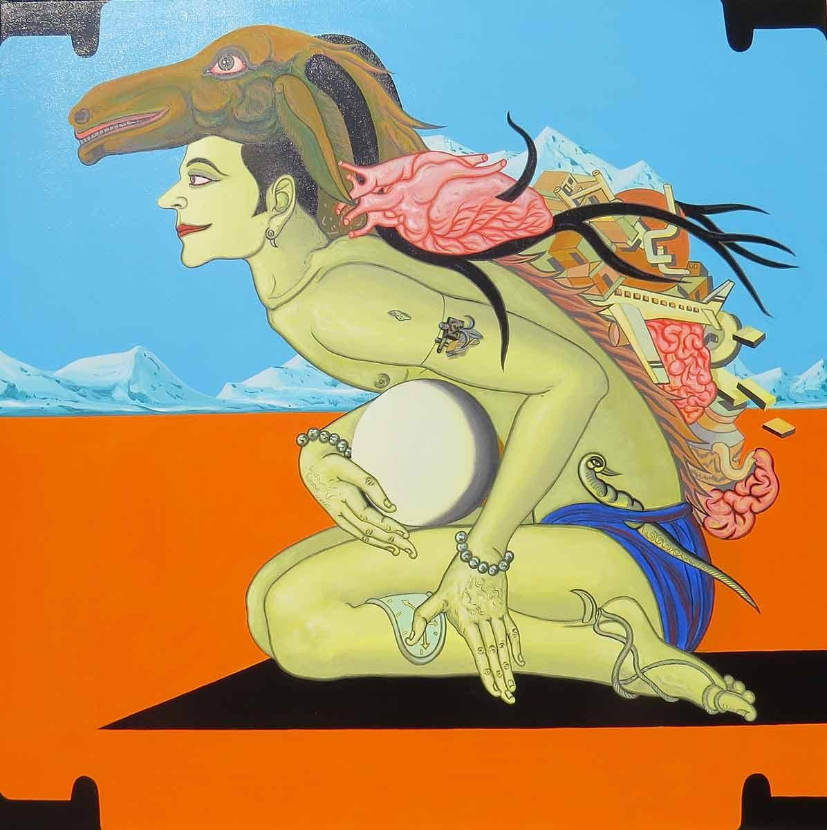 Birendra Pani Animal Painting – Viswaroopam Returns, Mythopoetic, Varaha Avatara, Acryl auf Leinwand „Auf Lager“